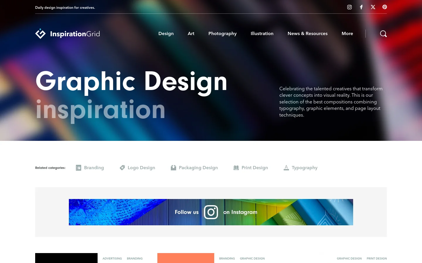 The desktop version features a large hero image with colorful, blurred abstract shapes and the headline 'Graphic Design inspiration' in large white text. A navigation bar at the top includes links for Design, Art, Photography, and more, alongside social media icons and a search icon. Below the hero section, related category links and an Instagram promotional banner are displayed on a clean white background.