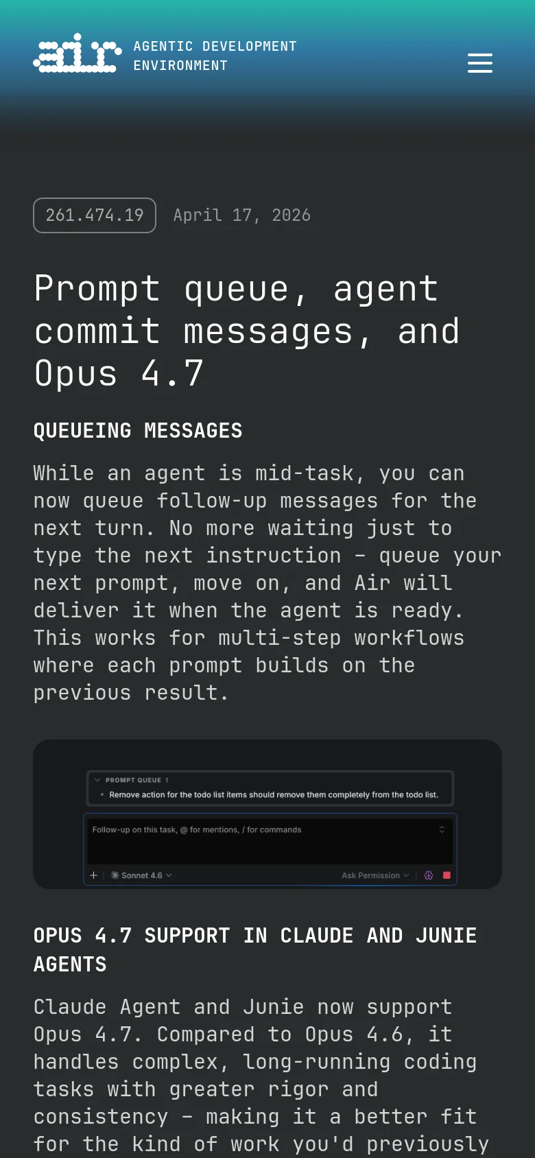 The mobile version maintains the dark theme and single-column layout but optimizes the navigation bar, which collapses into a hamburger menu icon on the right. The typography is scaled for smaller screens, and the content remains centered, focusing on the chronological update entries and their corresponding feature screenshots.
