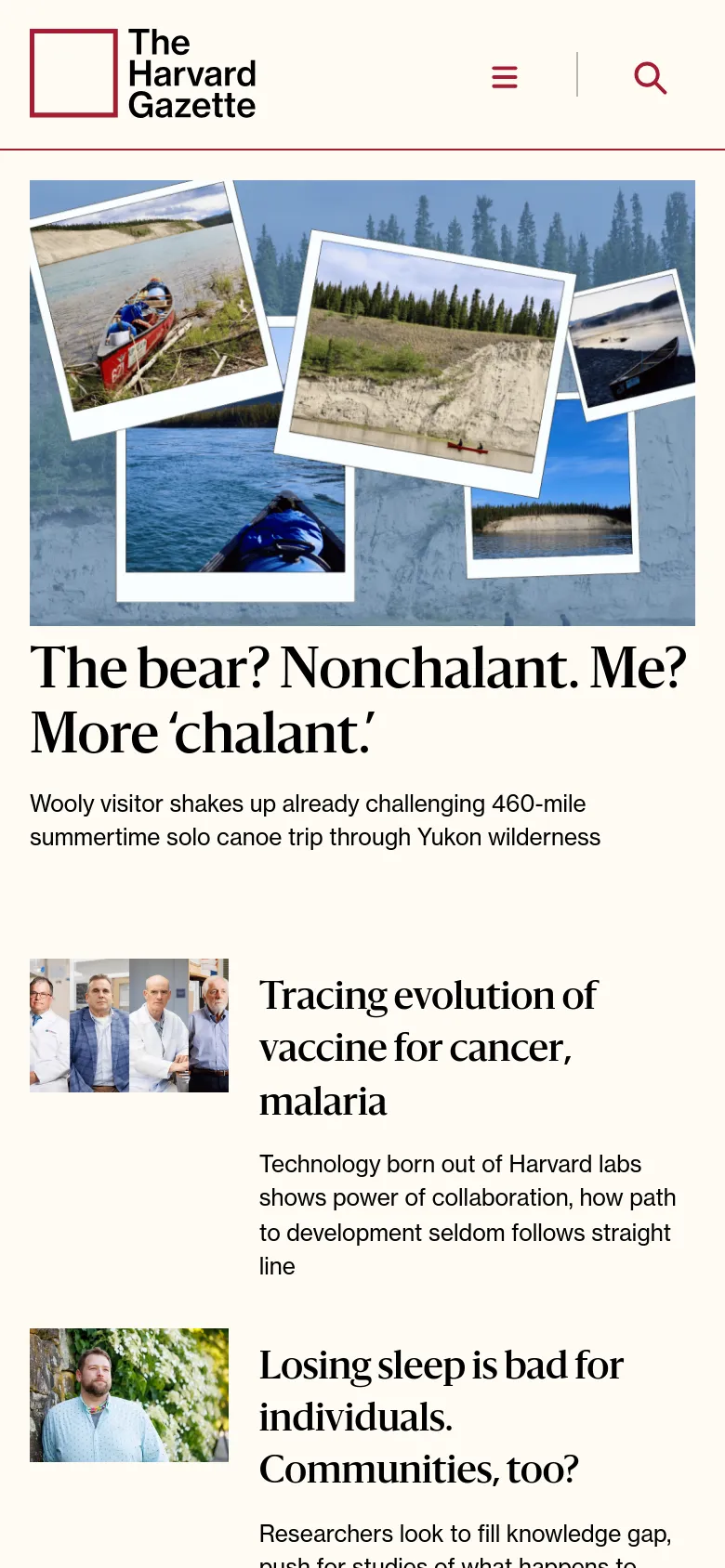 The Harvard Gazette Home / Landing mobile website screenshot