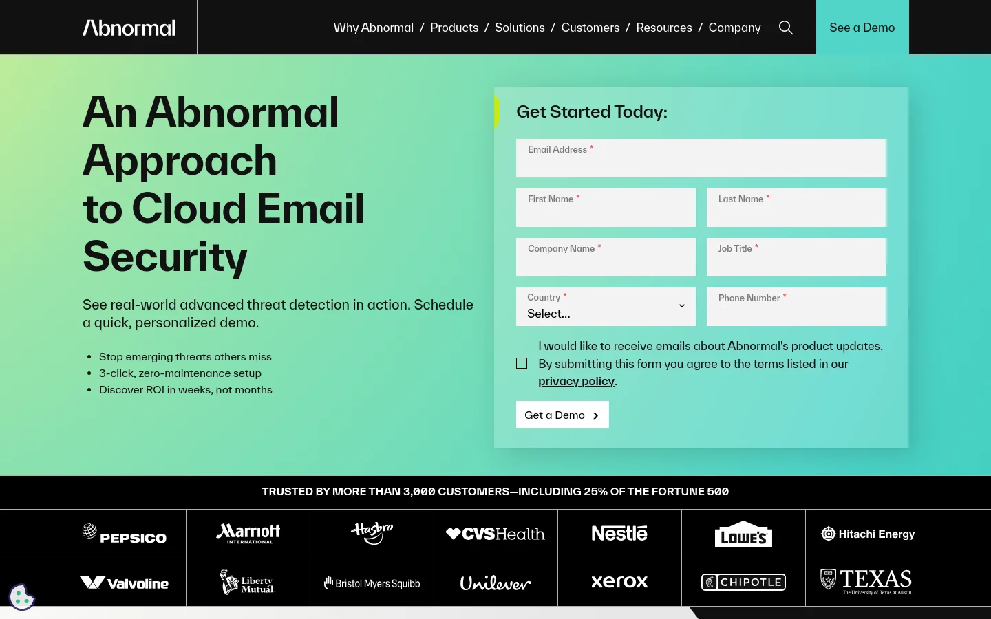 The desktop page features a split-screen hero section with a light green background. On the left, large bold text reads 'An Abnormal Approach to Cloud Email Security' above a bulleted list of benefits; on the right, a white lead generation form titled 'Get Started Today:' includes fields for email, name, job title, country, and phone number. A dark footer displays a row of white logos from companies like PepsiCo, Marriott, and Unilever.