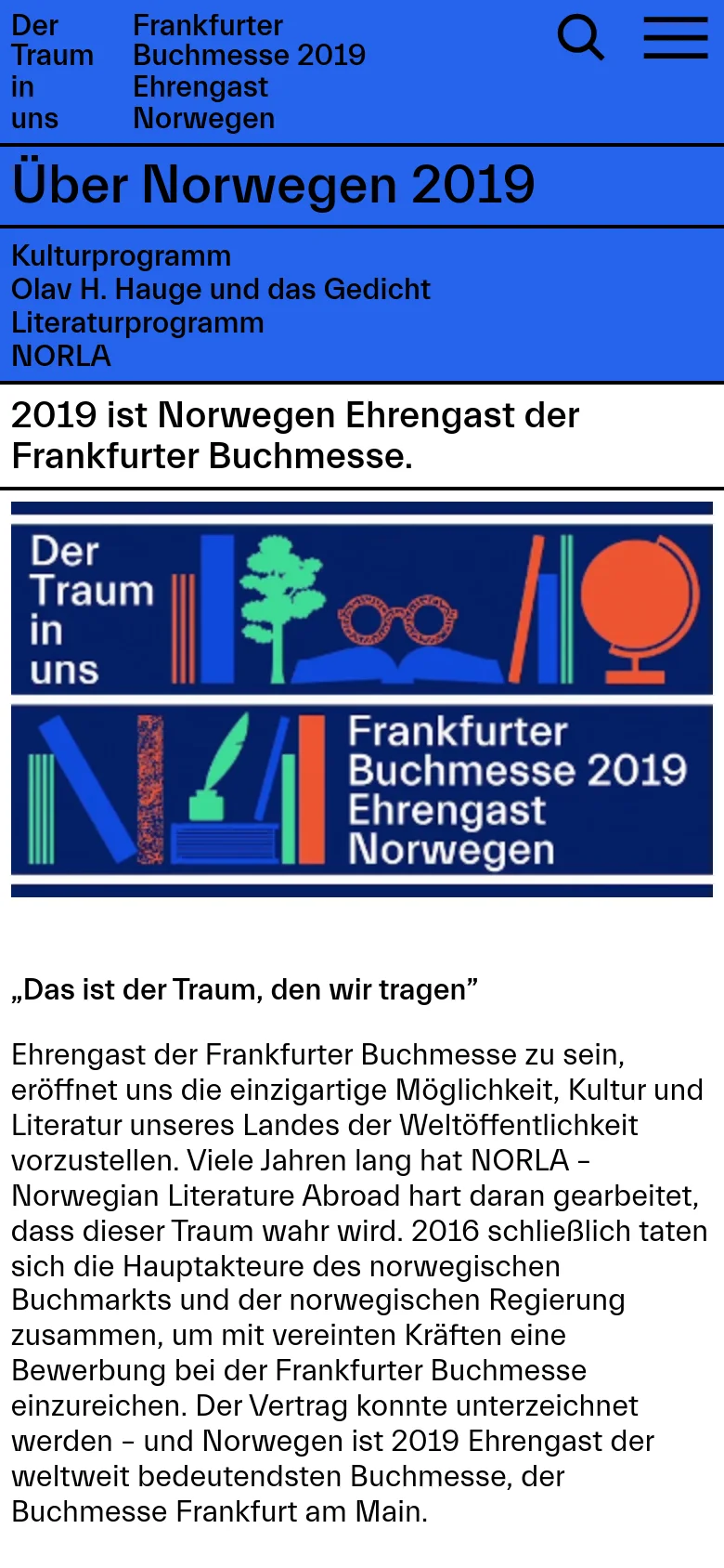 The mobile version uses a condensed blue header with a hamburger menu and search icon. The layout is vertically stacked, showing the title 'Über Norwegen 2019' followed by a sub-navigation list, the large colorful graphic banner, and then the main text content.