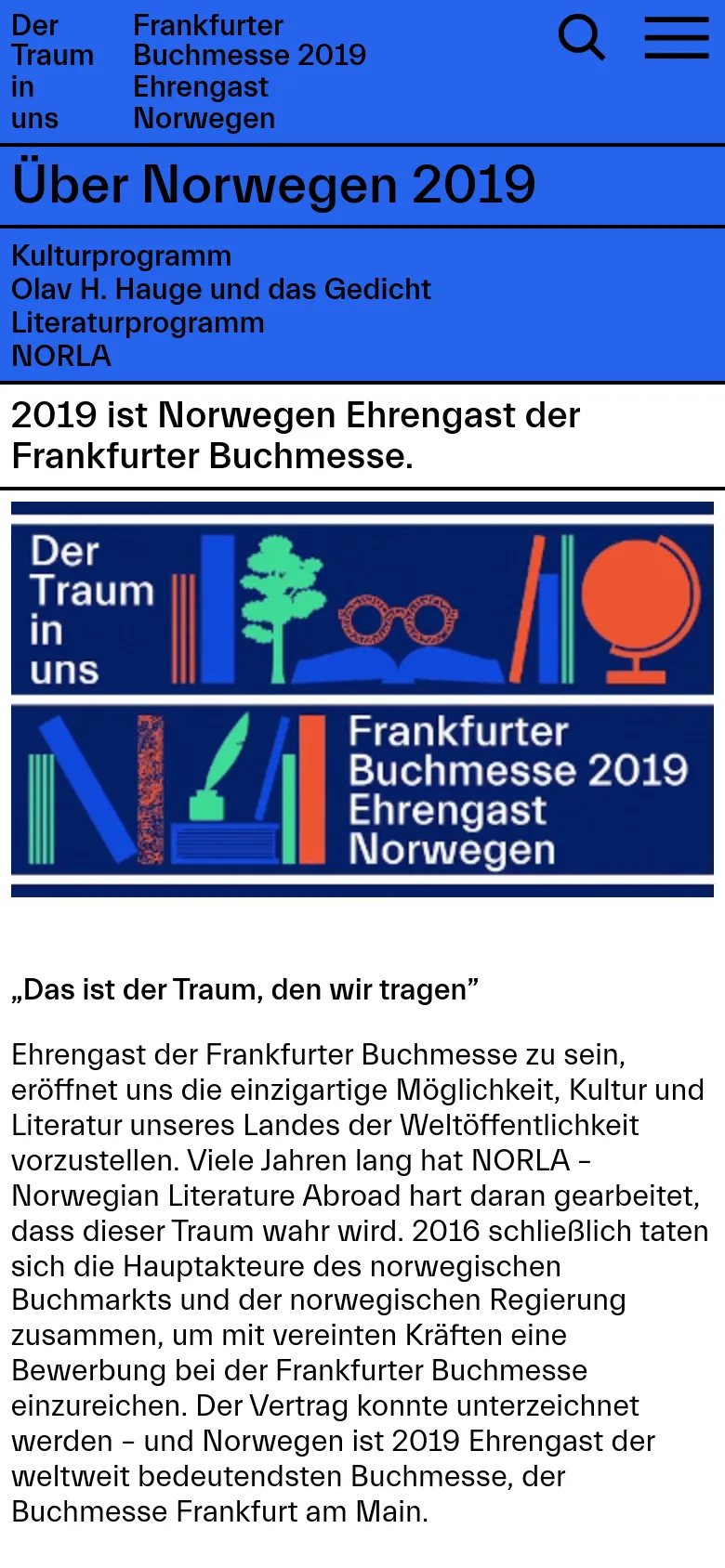 The mobile version uses a condensed blue header with a hamburger menu and search icon. The layout is vertically stacked, showing the title 'Über Norwegen 2019' followed by a sub-navigation list, the large colorful graphic banner, and then the main text content.