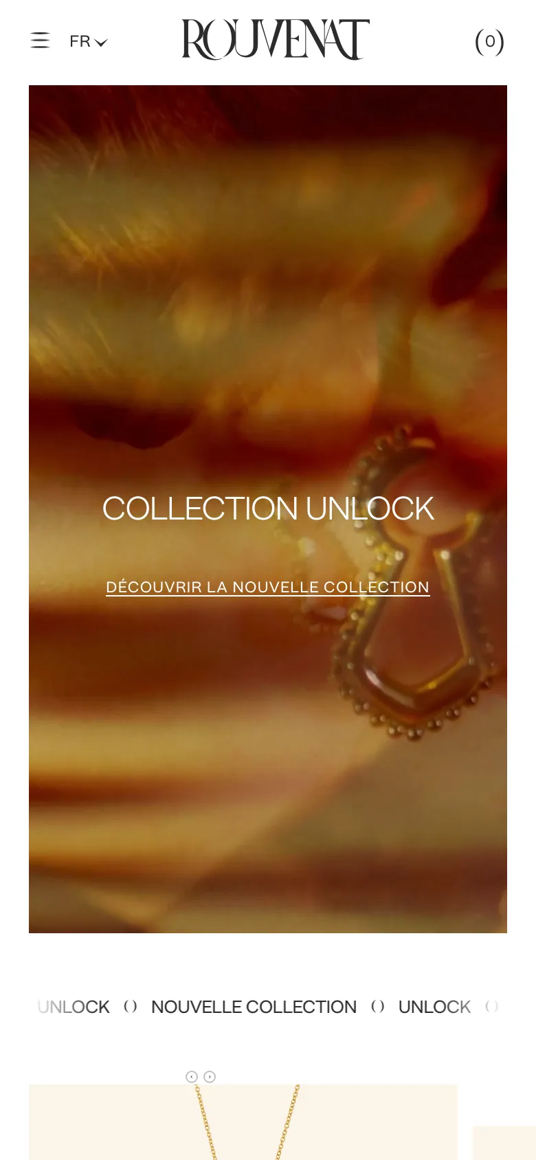 The mobile version presents a vertically stacked layout with a condensed navigation menu and a hamburger icon. The hero section features the same warm-toned jewelry imagery and 'COLLECTION UNLOCK' text, but scaled for a portrait screen. The header is simplified, showing the brand logo, a language selector, and a shopping bag icon.