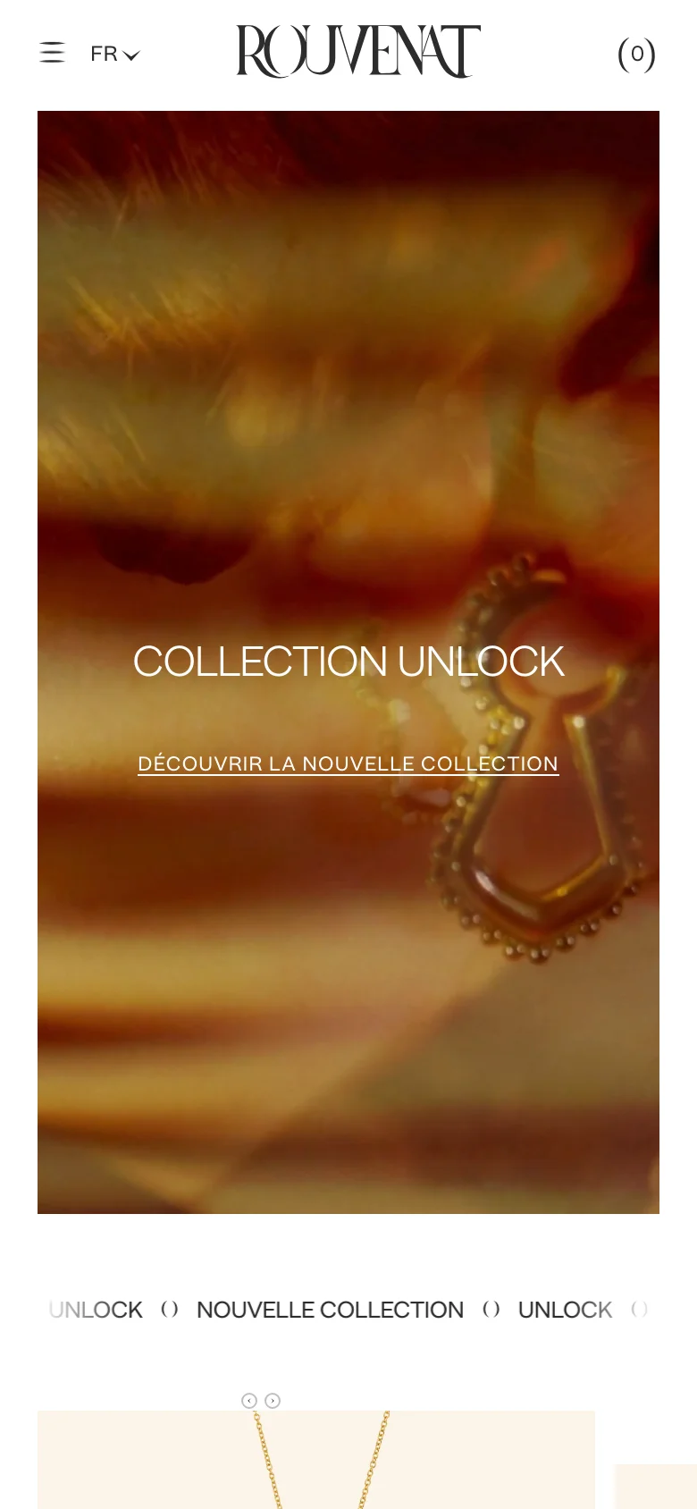 The mobile version presents a vertically stacked layout with a condensed navigation menu and a hamburger icon. The hero section features the same warm-toned jewelry imagery and 'COLLECTION UNLOCK' text, but scaled for a portrait screen. The header is simplified, showing the brand logo, a language selector, and a shopping bag icon.