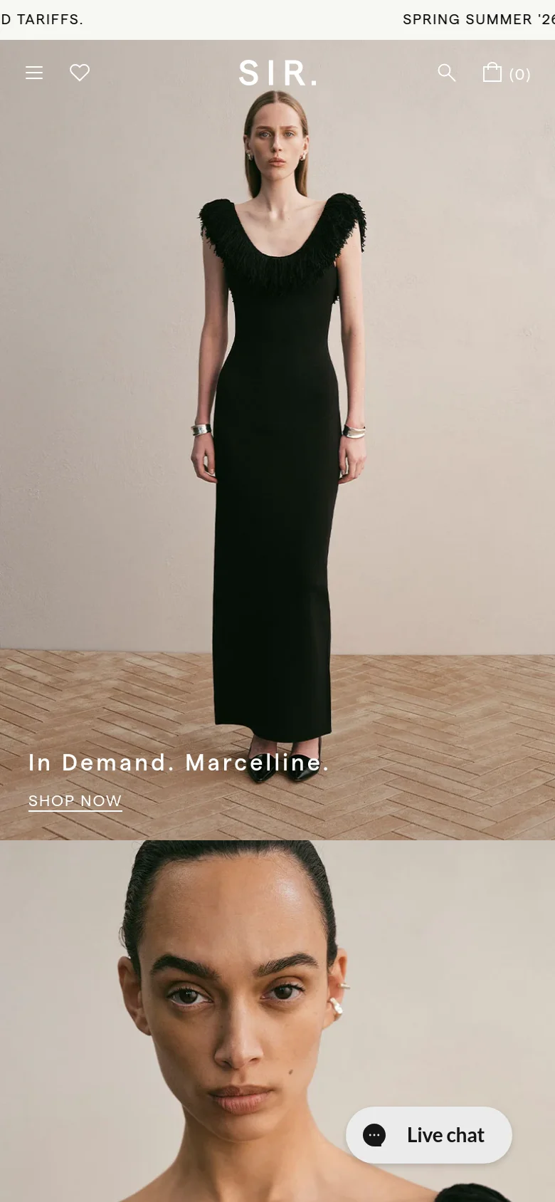 The mobile version presents a vertically stacked layout with full-width high-fashion imagery, including a close-up of a model in a black fringed top. Navigation is condensed into a hamburger menu and search icon at the top, and a 'Live chat' floating button is visible at the bottom right. The interface focuses on large, immersive visual content for easy scrolling.