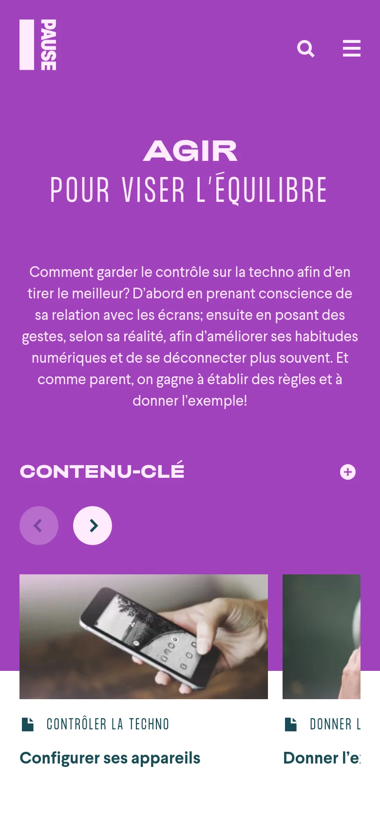 The mobile version maintains the purple hero section with centered white text, but the layout is vertically stacked to fit the narrow screen. The 'CONTENU-CLÉ' section uses a carousel format with navigation arrows, and the top navigation is condensed into a hamburger menu icon next to the search icon.