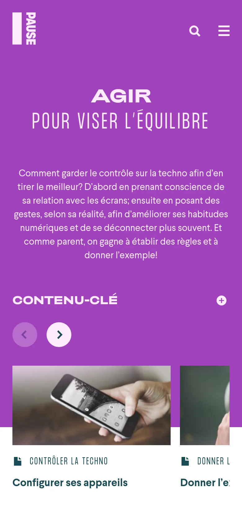 The mobile version maintains the purple hero section with centered white text, but the layout is vertically stacked to fit the narrow screen. The 'CONTENU-CLÉ' section uses a carousel format with navigation arrows, and the top navigation is condensed into a hamburger menu icon next to the search icon.