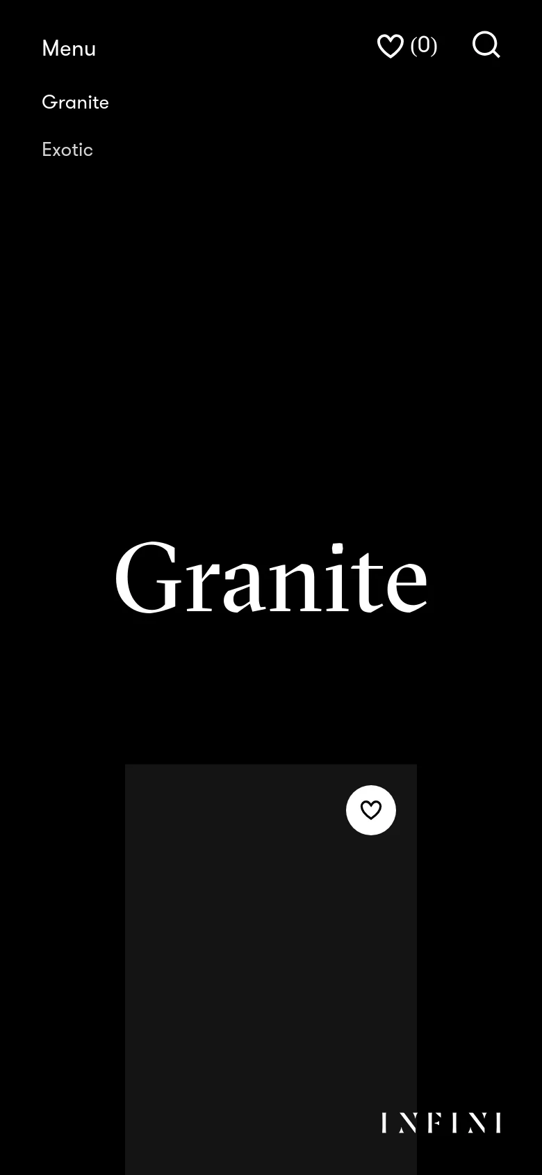 The mobile version simplifies the layout, replacing the top navigation bar with a 'Menu' label, a heart icon for favorites, and a search icon. The large 'Granite' headline is centered, and the product content shifts to a single-column vertical stack, featuring a large image placeholder with a heart icon overlay.