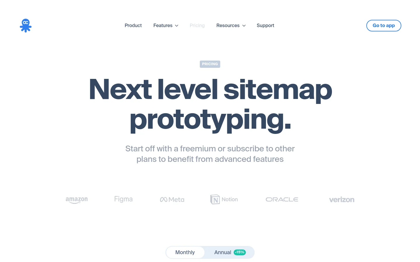 The desktop pricing page features a clean, white layout with a large dark blue headline reading 'Next level sitemap prototyping.' Below the headline, a subtext explains the freemium and subscription options, followed by a grayscale logo bar of companies like Amazon, Figma, and Meta. A toggle switch for Monthly and Annual billing sits above three pricing cards: Free, Pro, and Team.