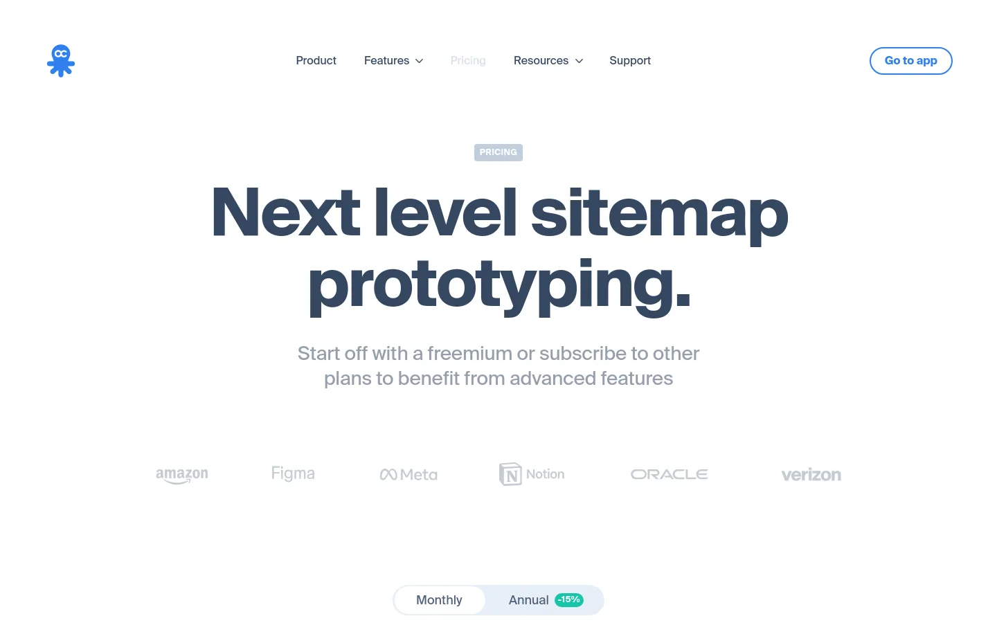 The desktop pricing page features a clean, white layout with a large dark blue headline reading 'Next level sitemap prototyping.' Below the headline, a subtext explains the freemium and subscription options, followed by a grayscale logo bar of companies like Amazon, Figma, and Meta. A toggle switch for Monthly and Annual billing sits above three pricing cards: Free, Pro, and Team.