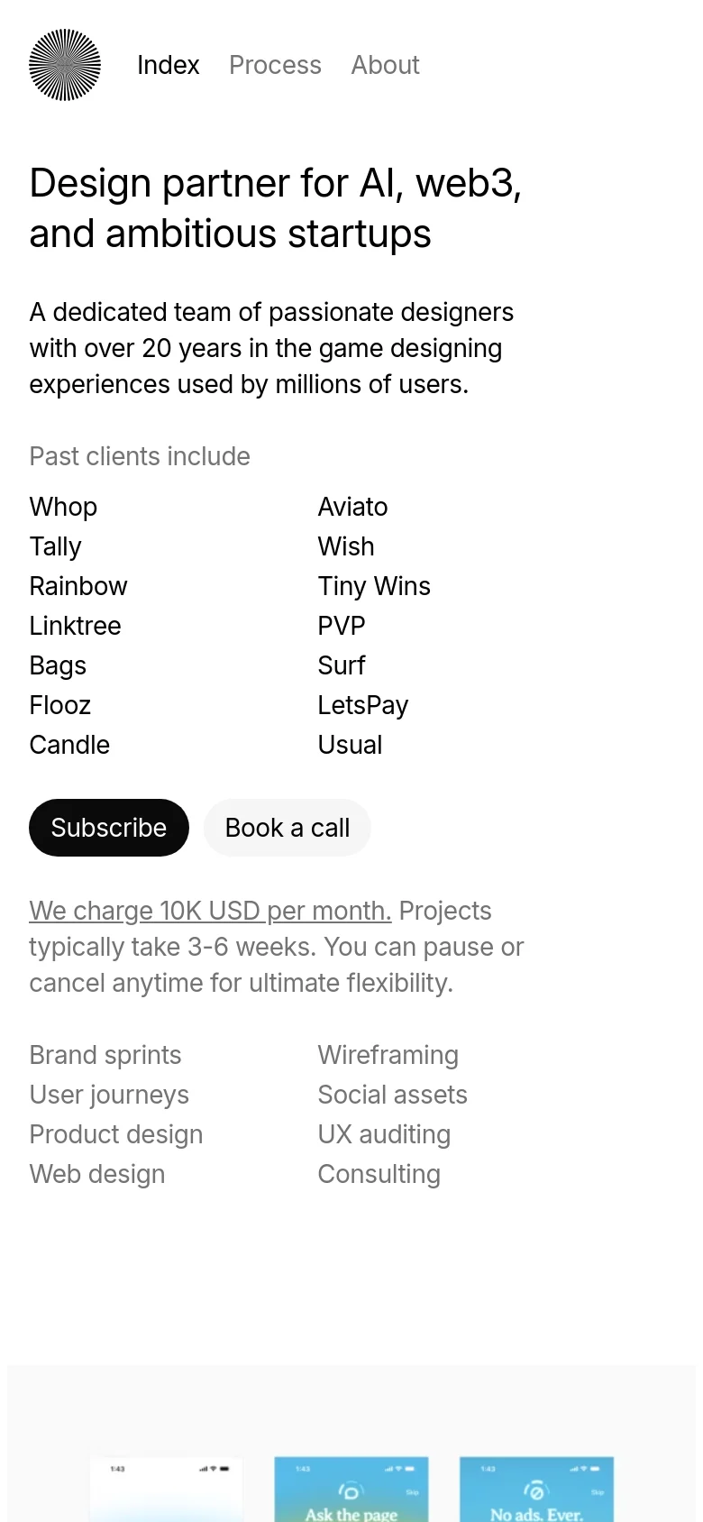 The mobile version presents a vertically stacked layout with the headline and introductory text at the top. The client list and call-to-action buttons are arranged in a single column, followed by the smartphone mockups which are scaled to fit the narrow screen width.