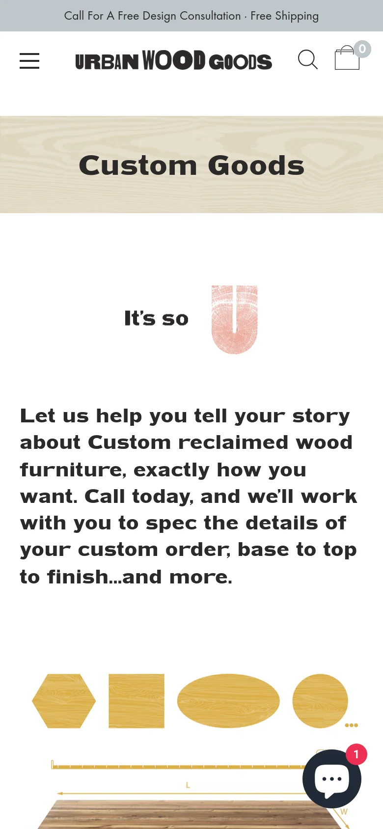 The mobile version presents a stacked layout with a large 'Custom Goods' wood grain banner at the top. The hero section features the 'It's so' text and tree ring graphic centered above the main body text, with wood shape icons appearing in a single row below. A hamburger menu and search icon are located in the header, and a floating chat bubble icon is visible in the bottom right corner.