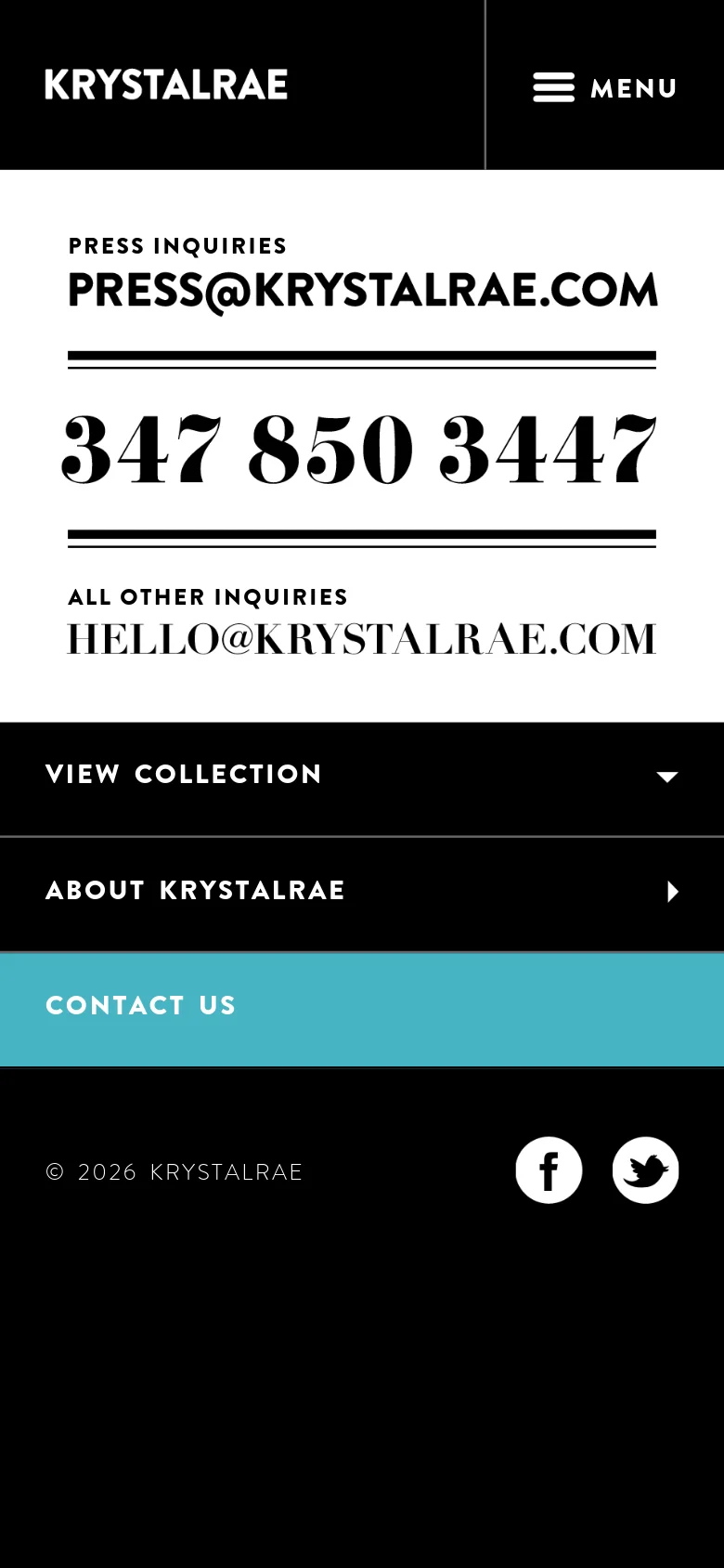 The mobile version maintains the minimalist white background and black serif text for contact information. The layout is vertically stacked, and the top navigation is replaced by a black header with the brand name and a hamburger menu icon. The footer includes a teal-colored 'Contact Us' section and social media icons.