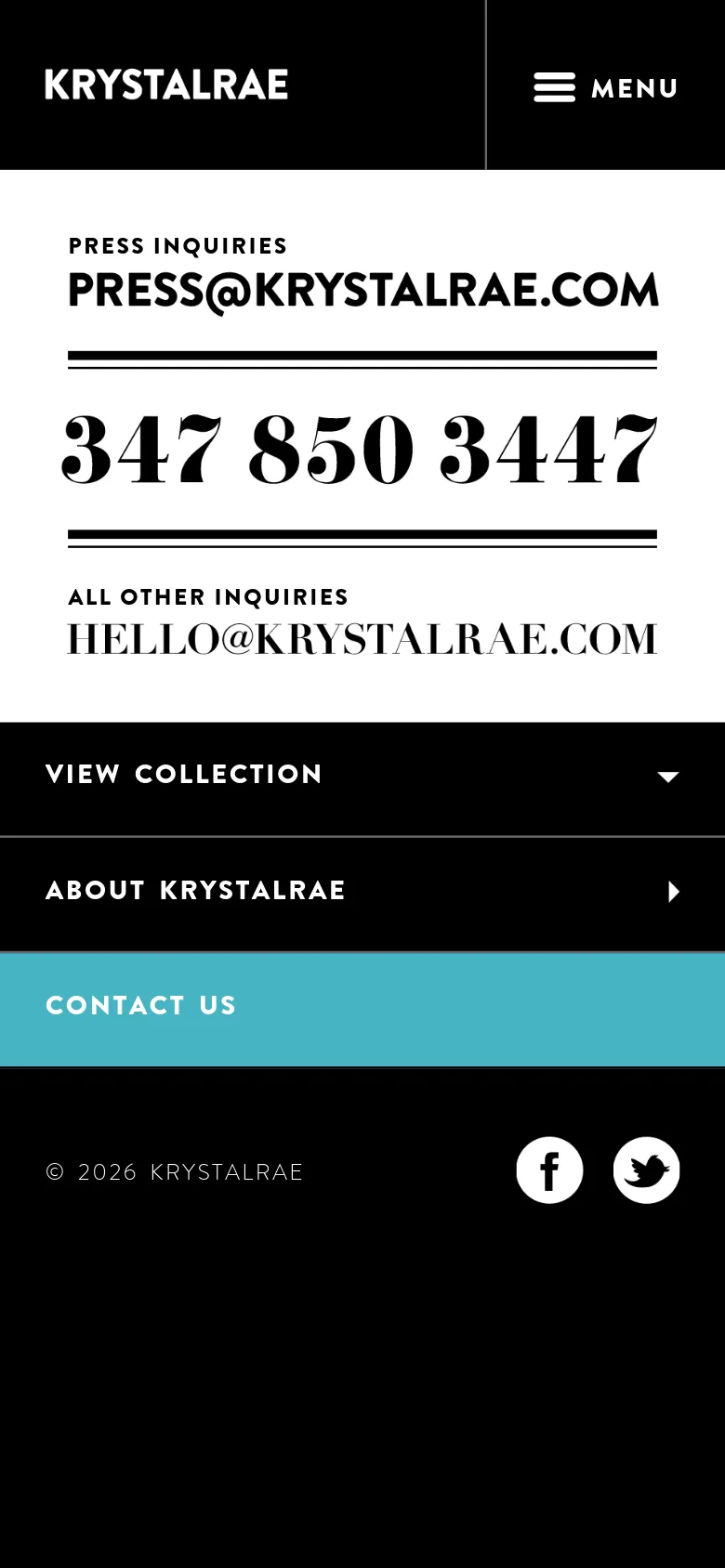 The mobile version maintains the minimalist white background and black serif text for contact information. The layout is vertically stacked, and the top navigation is replaced by a black header with the brand name and a hamburger menu icon. The footer includes a teal-colored 'Contact Us' section and social media icons.