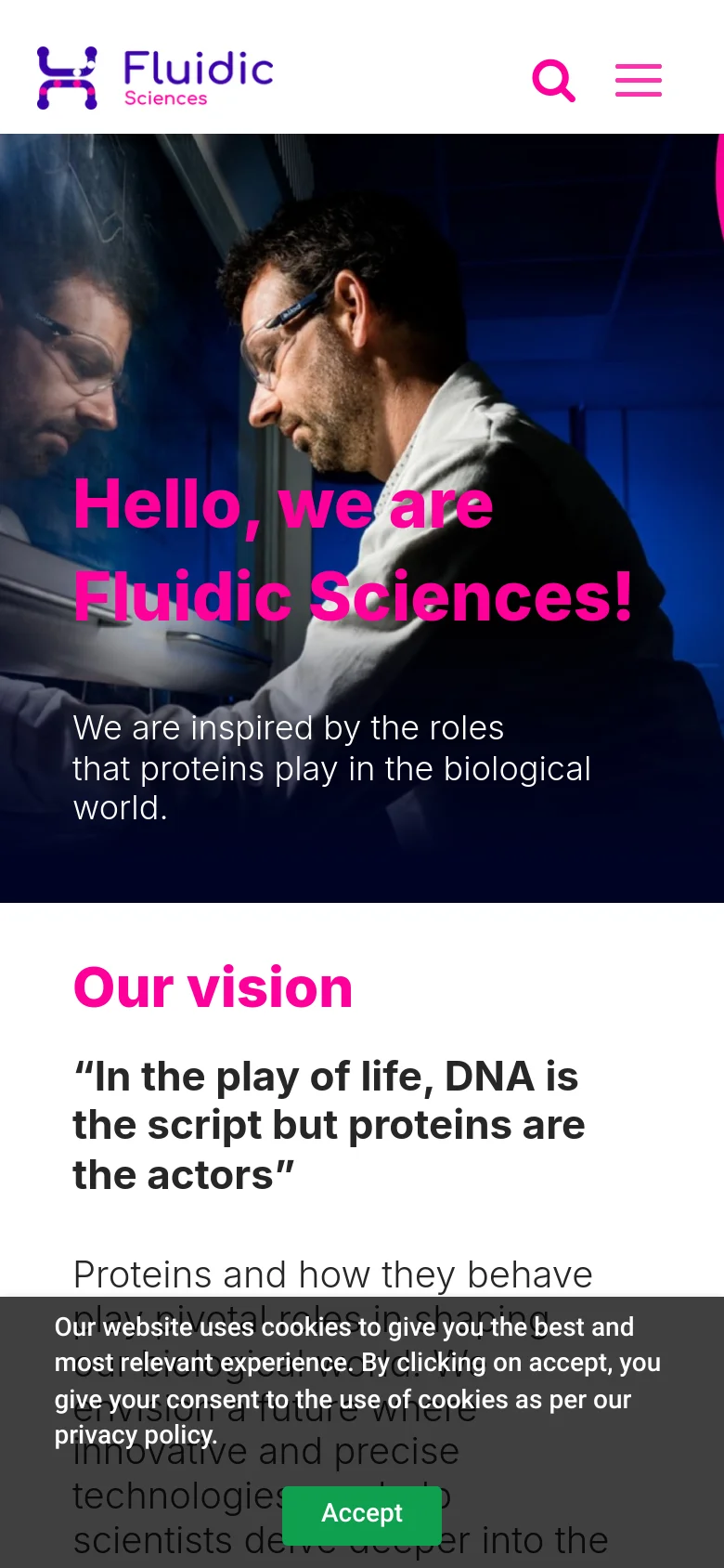 The mobile version uses a single-column layout with the hero image and pink text stacked vertically. The navigation is condensed into a hamburger menu icon next to a search icon, and the 'Our vision' section follows a vertical flow with the headline appearing above the laboratory imagery.