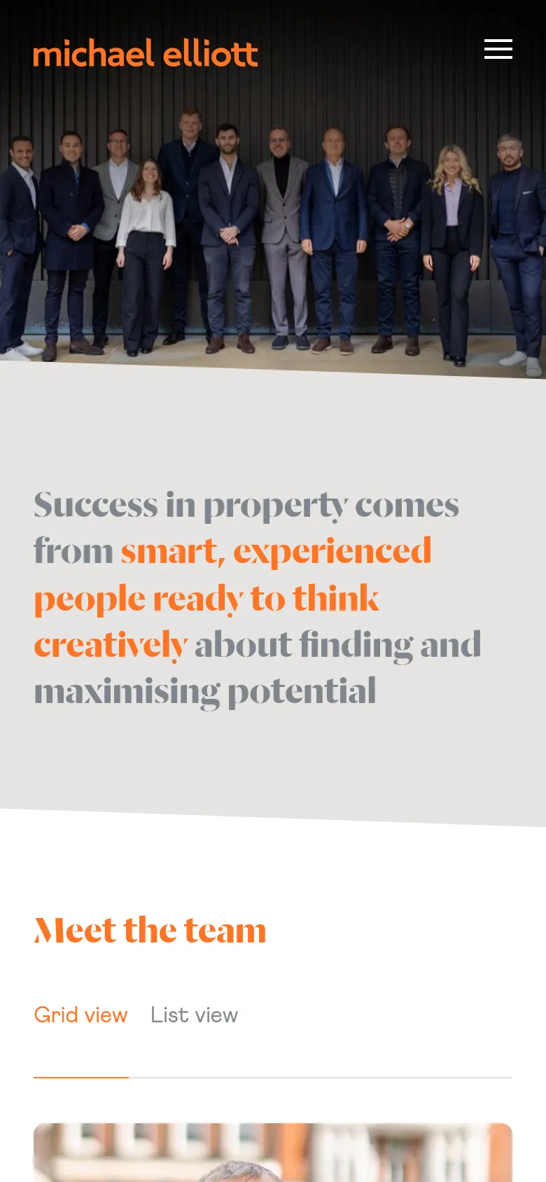 The mobile version presents a vertically stacked layout, starting with the company logo and a hamburger menu icon above a full-width team group photo. The headline and 'Meet the team' section follow below, with the grid/list view toggle scaled for touch interaction on a light grey background.