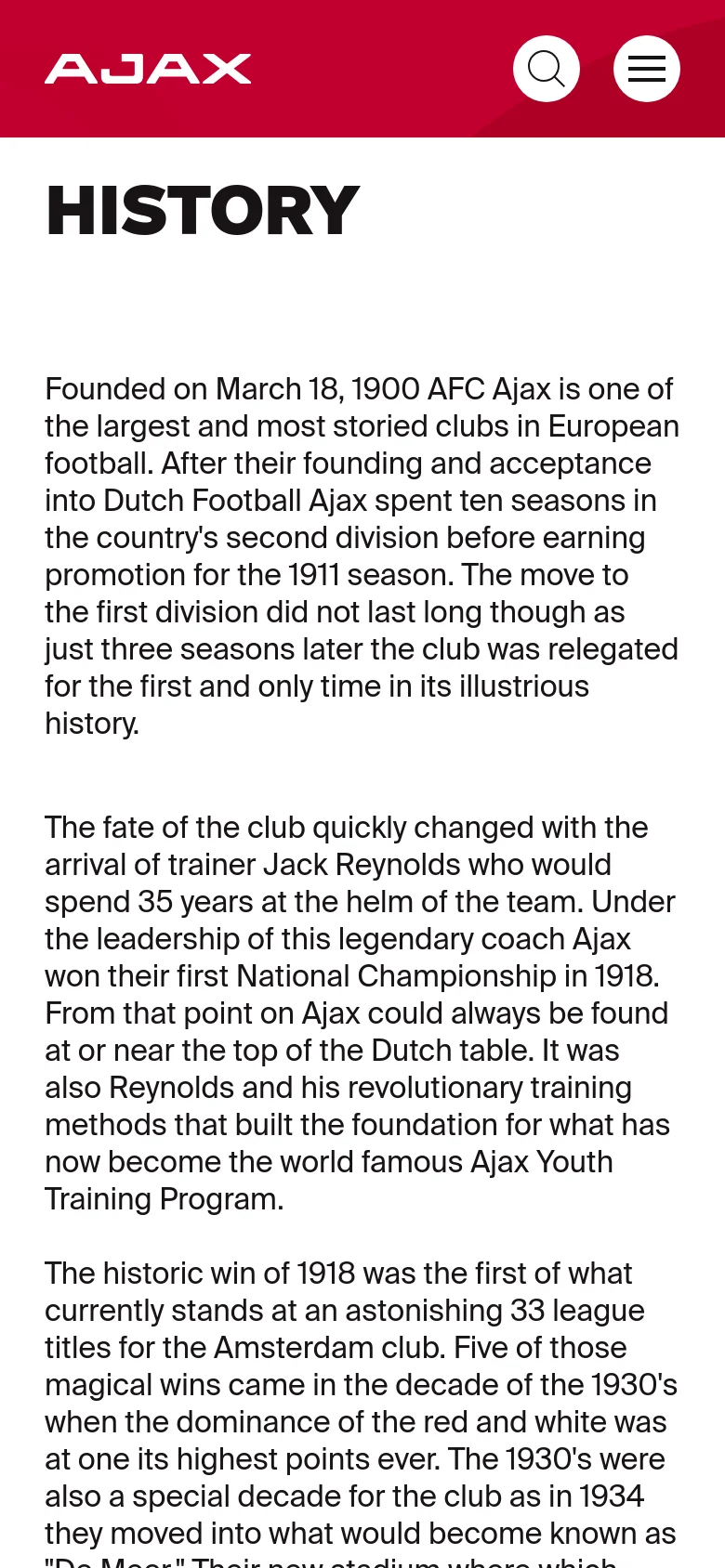 The mobile version shows a condensed red header with the Ajax logo, a search icon, and a hamburger menu icon. The 'HISTORY' headline and text content are stacked vertically in a single column for easier scrolling on a narrow screen.
