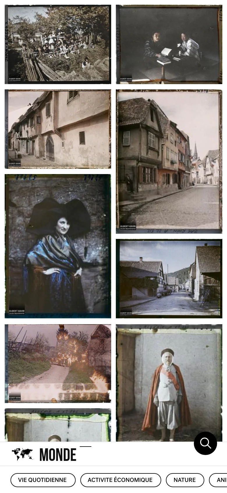 The mobile version presents a simplified vertical layout with the 'MONDE' logo and world map icon at the top. The historical photo grid is stacked vertically for easier scrolling, and navigation themes like 'Vie Quotidienne' and 'Activite Économique' are displayed as large, rounded buttons at the bottom of the screen.