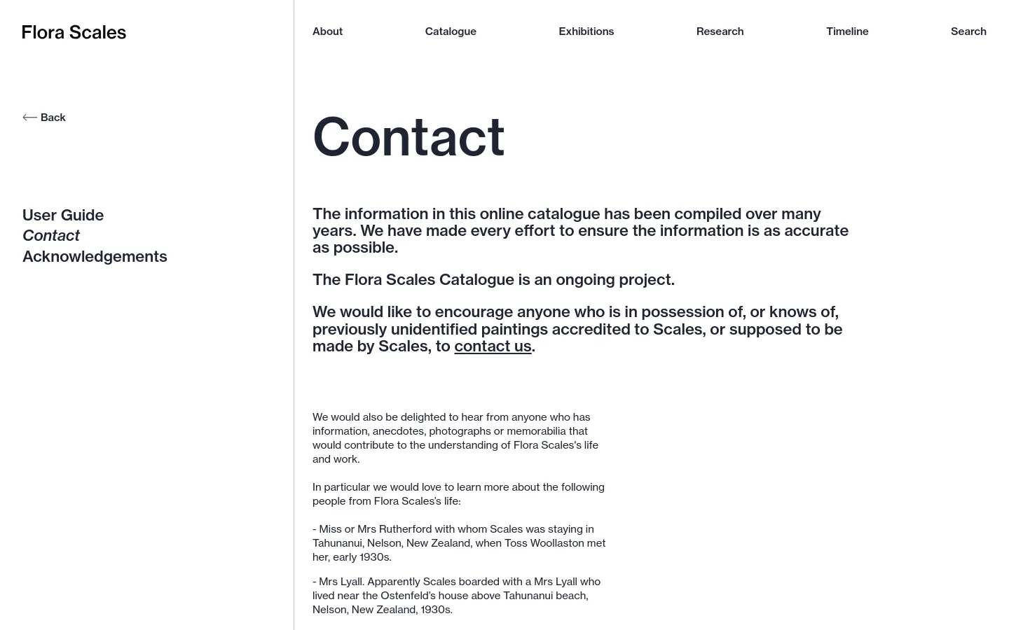 The desktop Contact page features a clean, minimalist layout with a white background and black text. A sidebar on the left contains navigation links for User Guide, Contact, and Acknowledgements, while the main content area displays the large 'Contact' heading followed by several paragraphs of text and a 'contact us' hyperlink. The top navigation bar includes links for About, Catalogue, Exhibitions, Research, Timeline, and Search.
