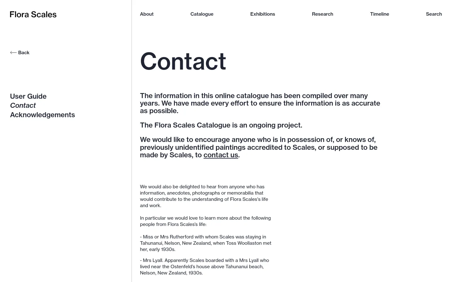 The desktop Contact page features a clean, minimalist layout with a white background and black text. A sidebar on the left contains navigation links for User Guide, Contact, and Acknowledgements, while the main content area displays the large 'Contact' heading followed by several paragraphs of text and a 'contact us' hyperlink. The top navigation bar includes links for About, Catalogue, Exhibitions, Research, Timeline, and Search.