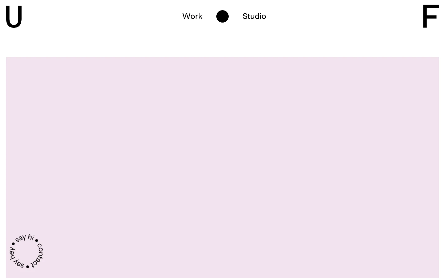 The Work page features a minimalist layout with a light pink background and large black typography. A grid of project entries includes a large hero image for 'Butter Baby' followed by a list of projects like 'Best of the Bone' and 'QuiteLike,' each paired with a descriptive headline and a large arrow icon. The navigation menu at the top contains the studio logo, 'Work,' a black circular icon, and 'Studio.'