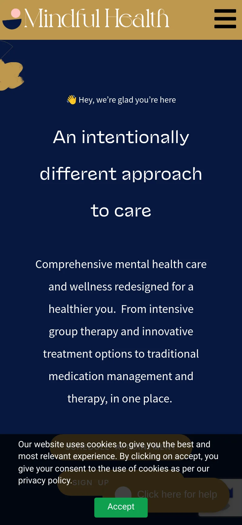 The mobile version presents a vertically stacked layout with a simplified header containing the Mindful Health logo and a hamburger menu icon. The hero section maintains the dark blue theme and centered white text, but the navigation links are hidden within the menu, and the call-to-action buttons are scaled for touch interaction.