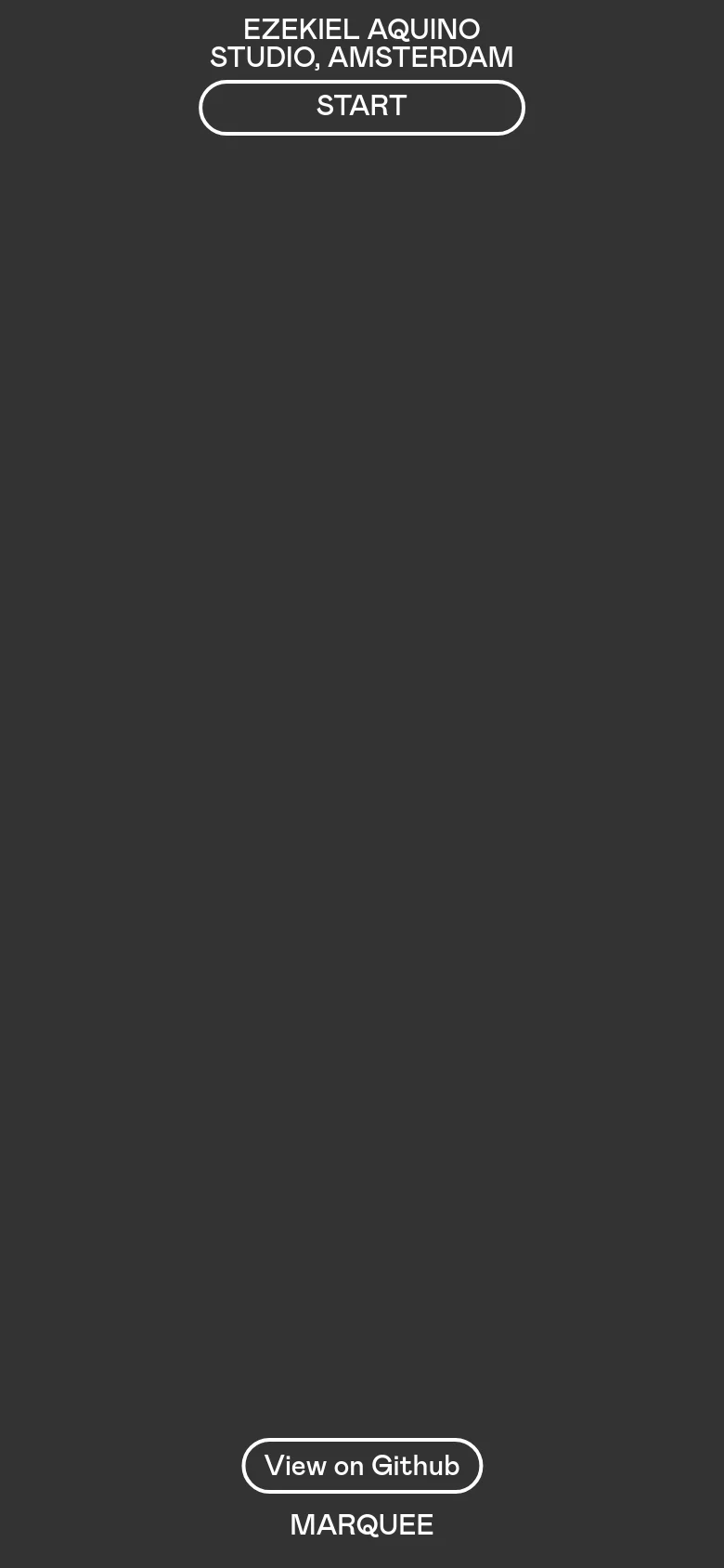 The mobile version maintains the minimalist dark gray aesthetic with centered white text. The layout is vertically stacked, featuring the name and studio location at the top, a large 'START' button, and the 'View on Github' button positioned at the bottom of the screen.