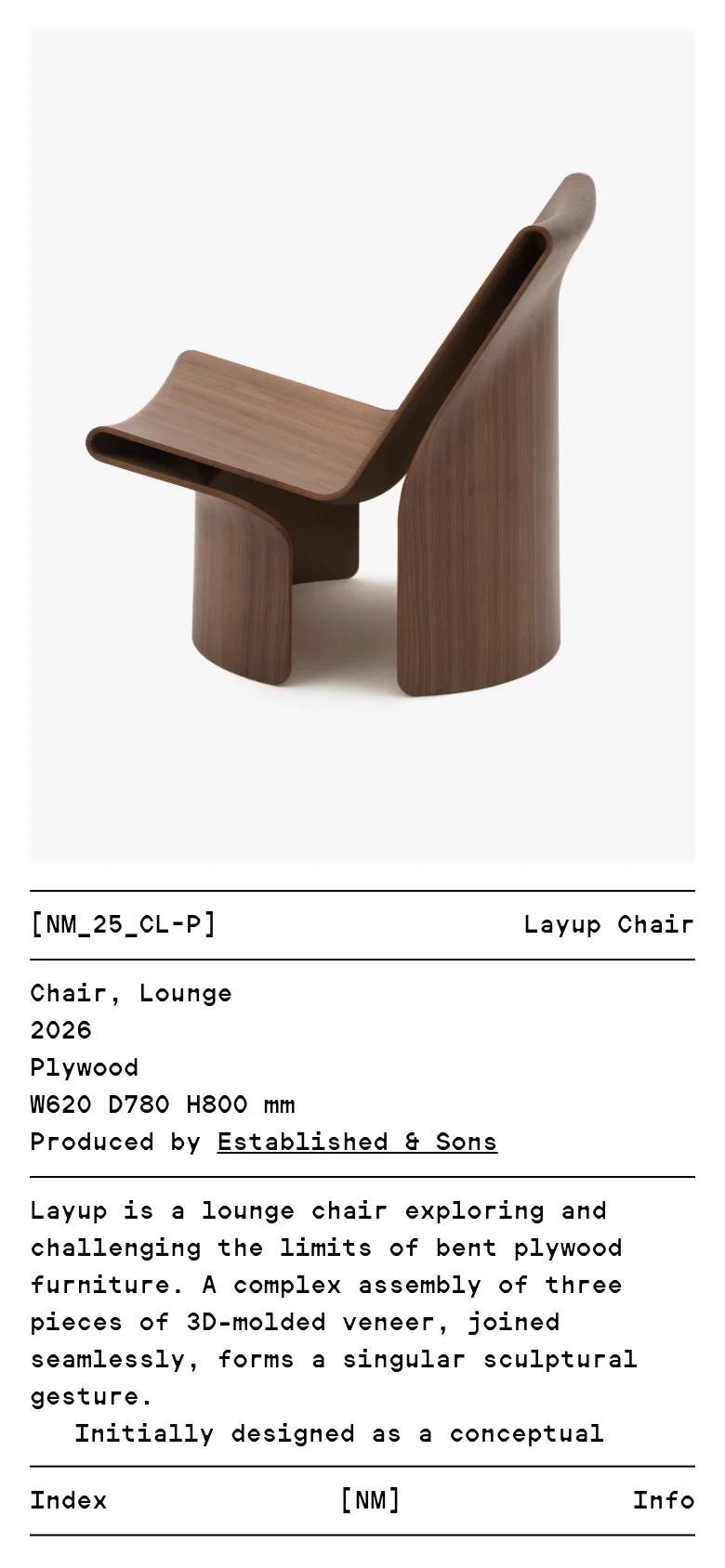 The mobile version presents a single-column vertical layout, starting with the large hero image of the wooden Layup Chair. The text content, including the product title, specifications, and description, is stacked vertically for easy scrolling on a narrow screen. The minimalist aesthetic and white background are maintained, with the navigation links condensed at the bottom.