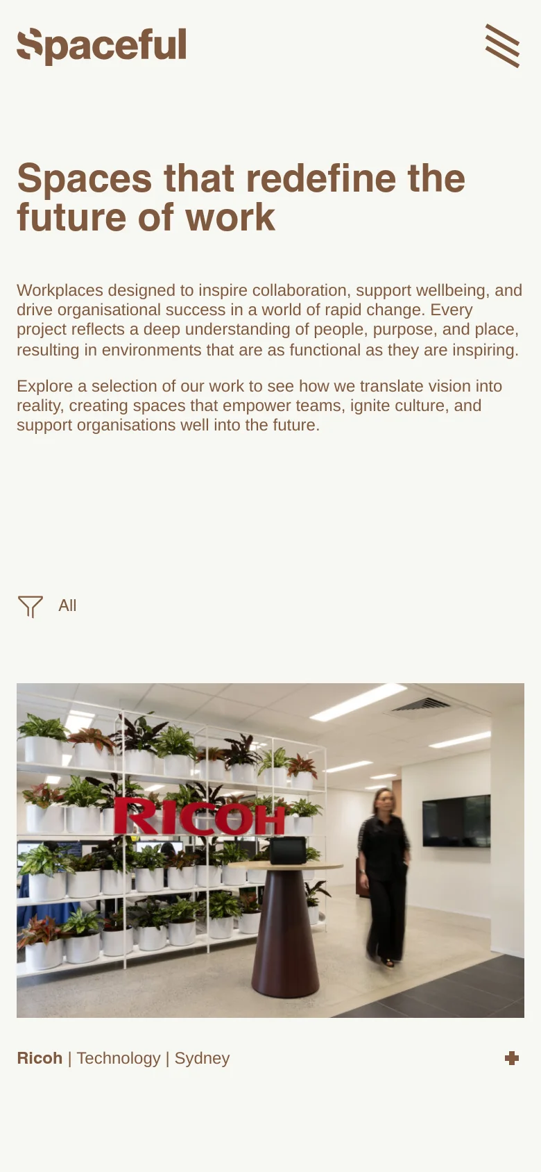 The mobile version uses a stacked layout with the Spaceful logo and a hamburger menu icon at the top. The headline and descriptive text are centered and vertically stacked, followed by the category filter and a large project image that spans the width of the screen.