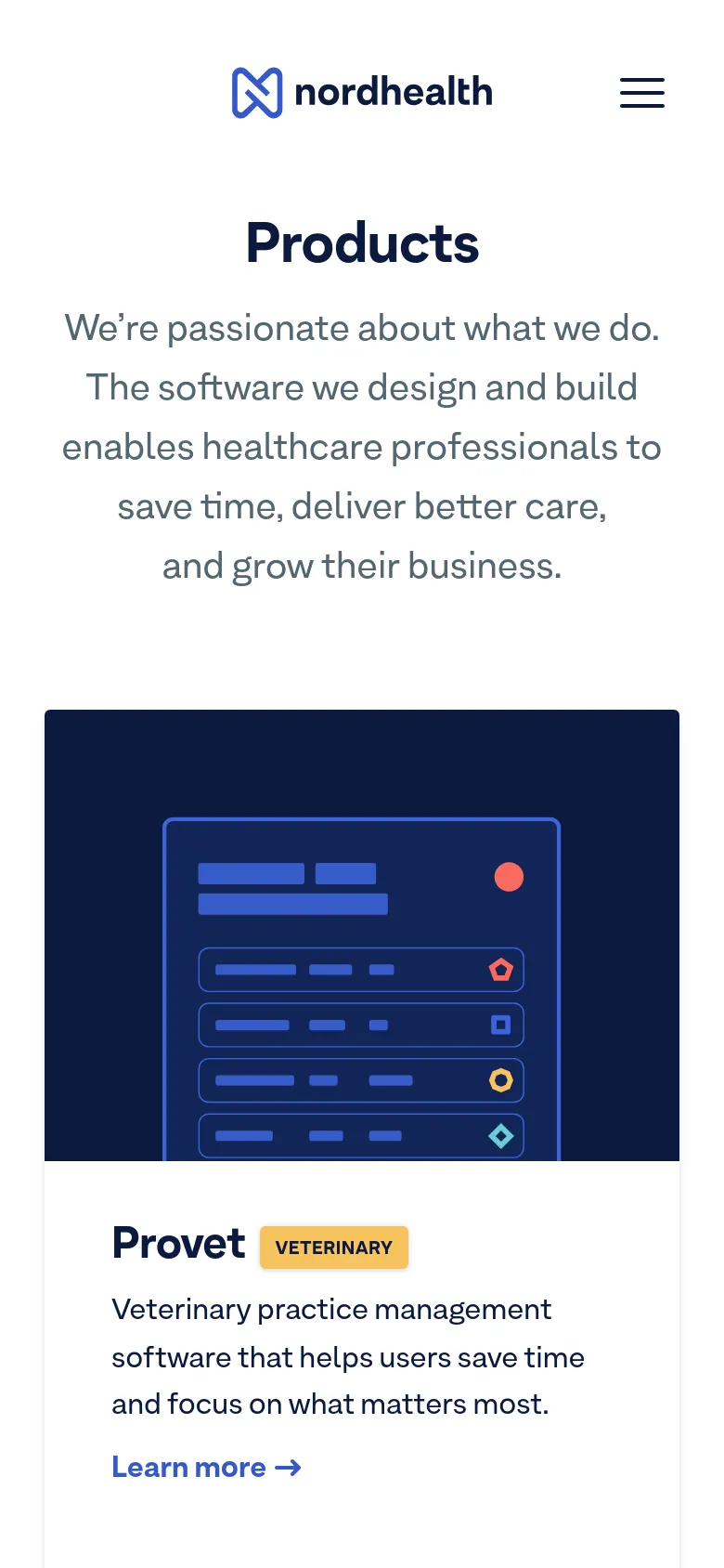 The mobile version presents a vertically stacked layout optimized for smaller screens, with the Nordhealth logo and a hamburger menu icon at the top. The 'Products' headline and introductory text are centered, followed by a large, full-width hero image. Below the image, product cards like 'Provet Veterinary' appear with bold headings and blue 'Learn more' call-to-action links.