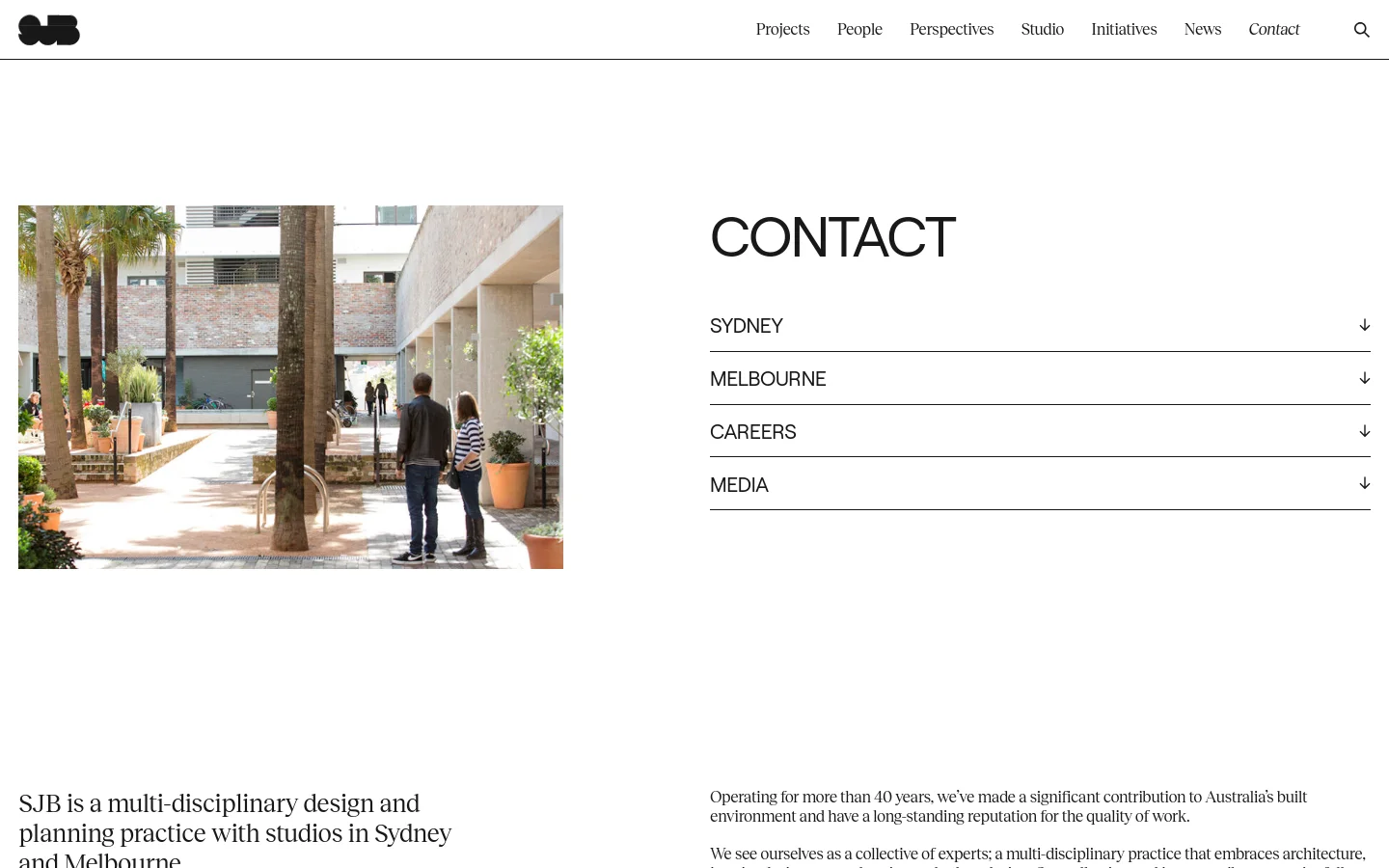 The desktop contact page features a large hero image of an outdoor courtyard with people on the left and a large 'CONTACT' heading on the right. Below this, an accordion-style menu provides expandable sections for Sydney, Melbourne, Careers, and Media. The layout is clean with a minimalist white background and black text.