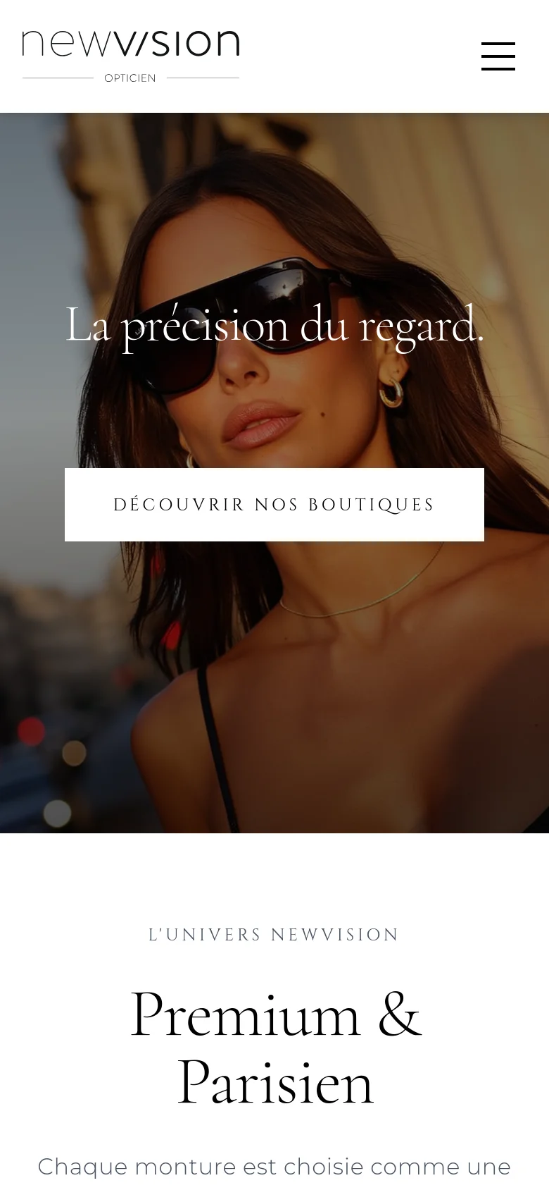 The mobile version presents a simplified layout with a centered logo and a hamburger menu icon in the top right. The hero image of a person in sunglasses remains prominent, with the main headline and call-to-action button stacked vertically below it to fit the narrow screen.