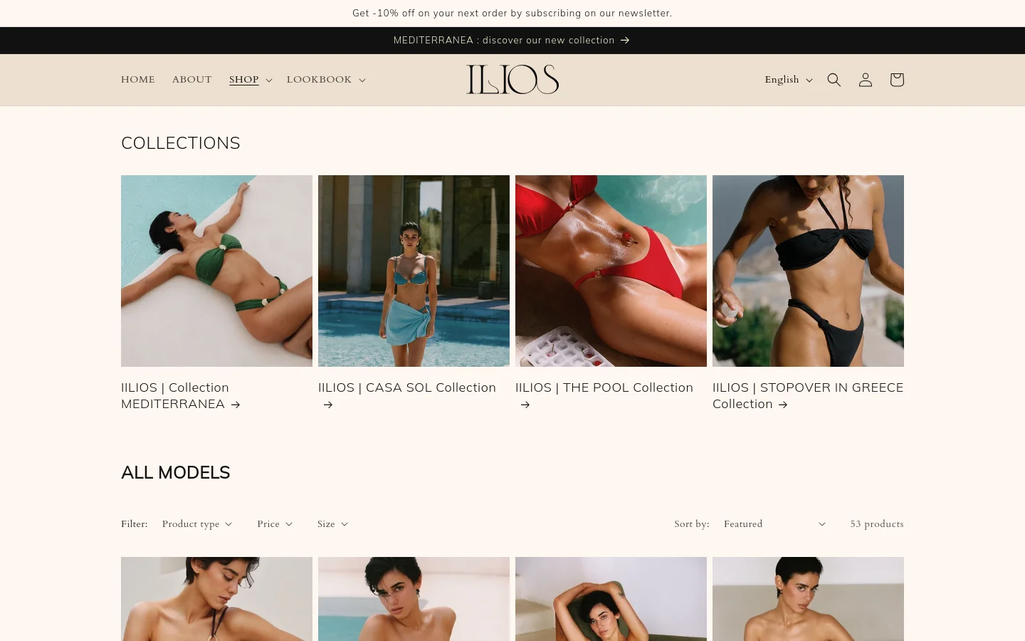 The desktop view shows a minimalist e-commerce shop page with a cream background and black serif typography. The page features a 'COLLECTIONS' section with a four-column grid of large lifestyle images, followed by an 'ALL MODELS' section displaying a product grid with filter and sort dropdowns. A black announcement bar at the top promotes the new collection.