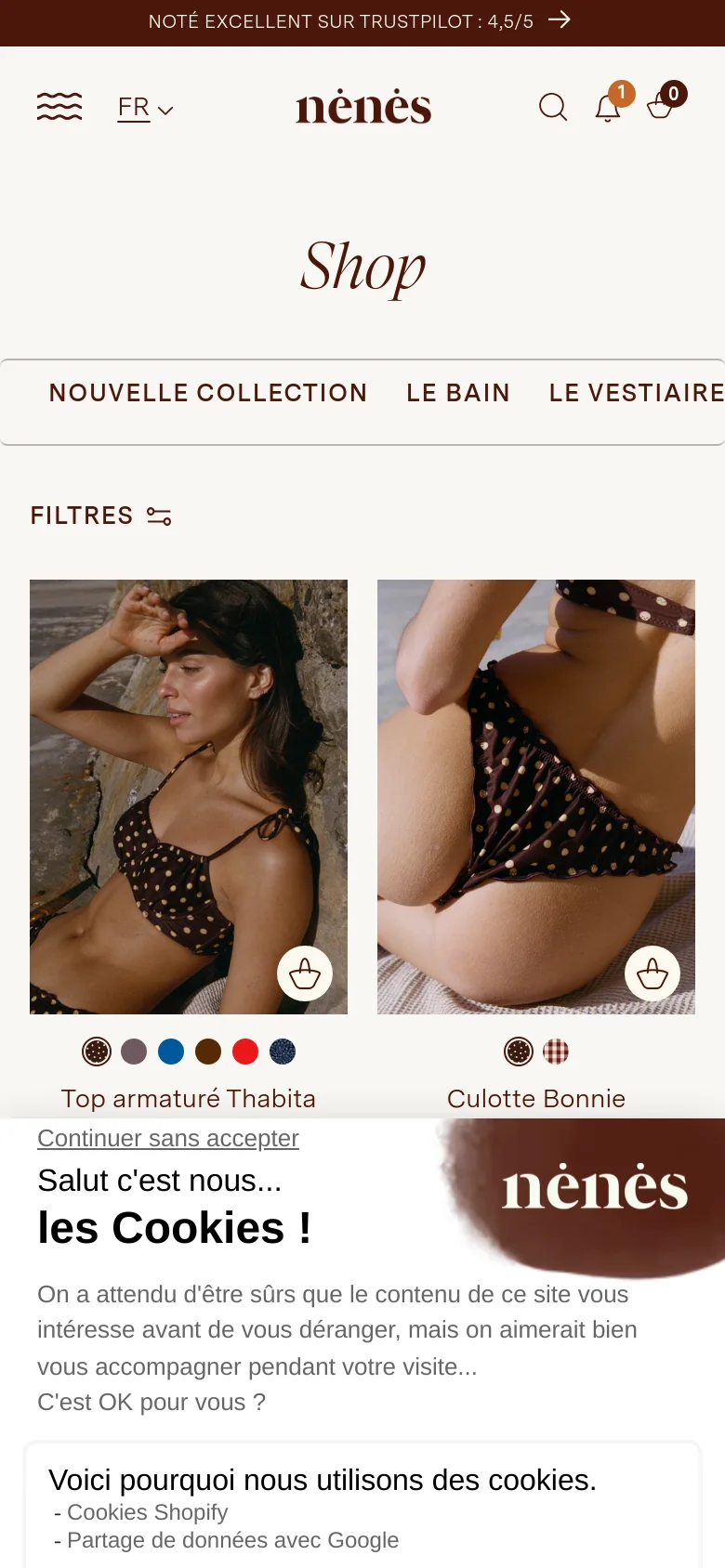 The mobile version presents a condensed view with a centered 'Shop' title and a simplified header containing a hamburger menu, language selector, and icons. The category navigation and product grid are stacked vertically for easier scrolling, and the cookie consent banner occupies a larger portion of the lower screen.