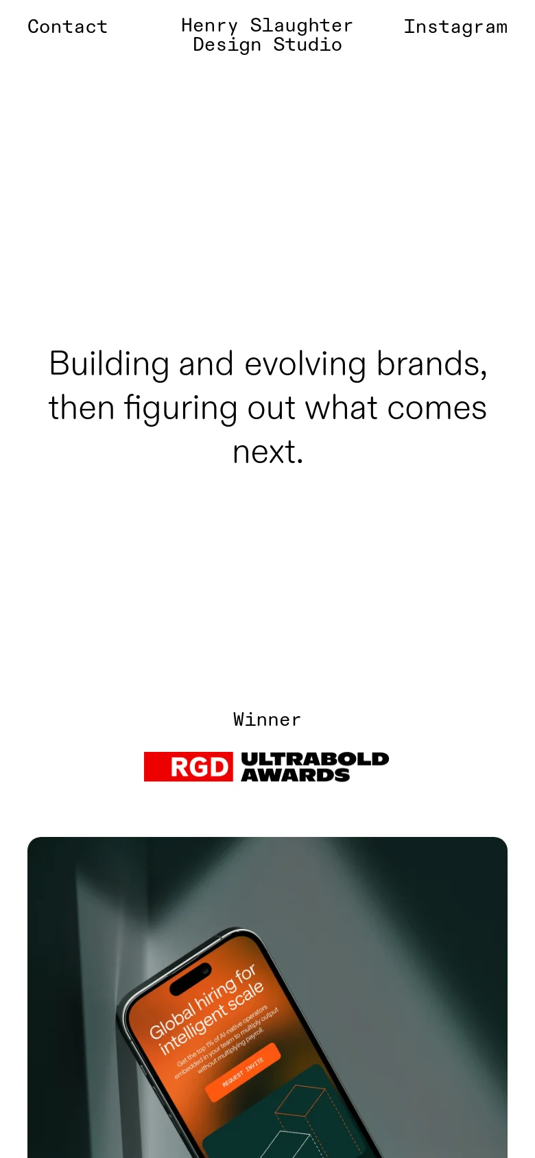 The mobile version maintains the minimalist white aesthetic and large centered headline but stacks content vertically for a narrower viewport. The RGD Ultrabold Awards logo and project imagery are scaled down to fit the single-column layout, ensuring readability on smaller screens.