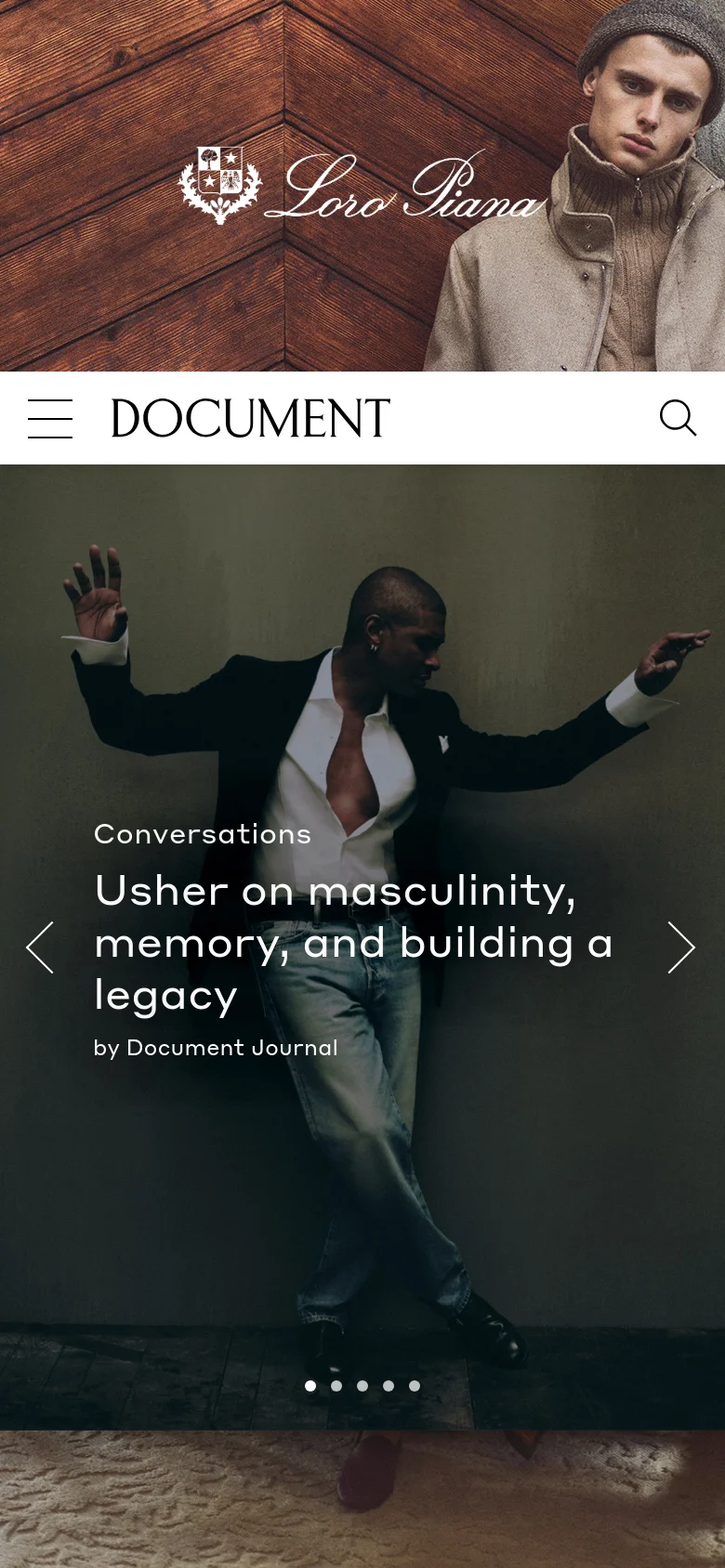 The mobile version presents a vertically stacked layout optimized for small screens, starting with the Loro Piana hero image. The header is simplified with a hamburger menu icon on the left and a search icon on the right, flanking the 'DOCUMENT' logo. The featured article occupies the main viewport, showing a large portrait of a man with the headline and subtext overlaid in white text.