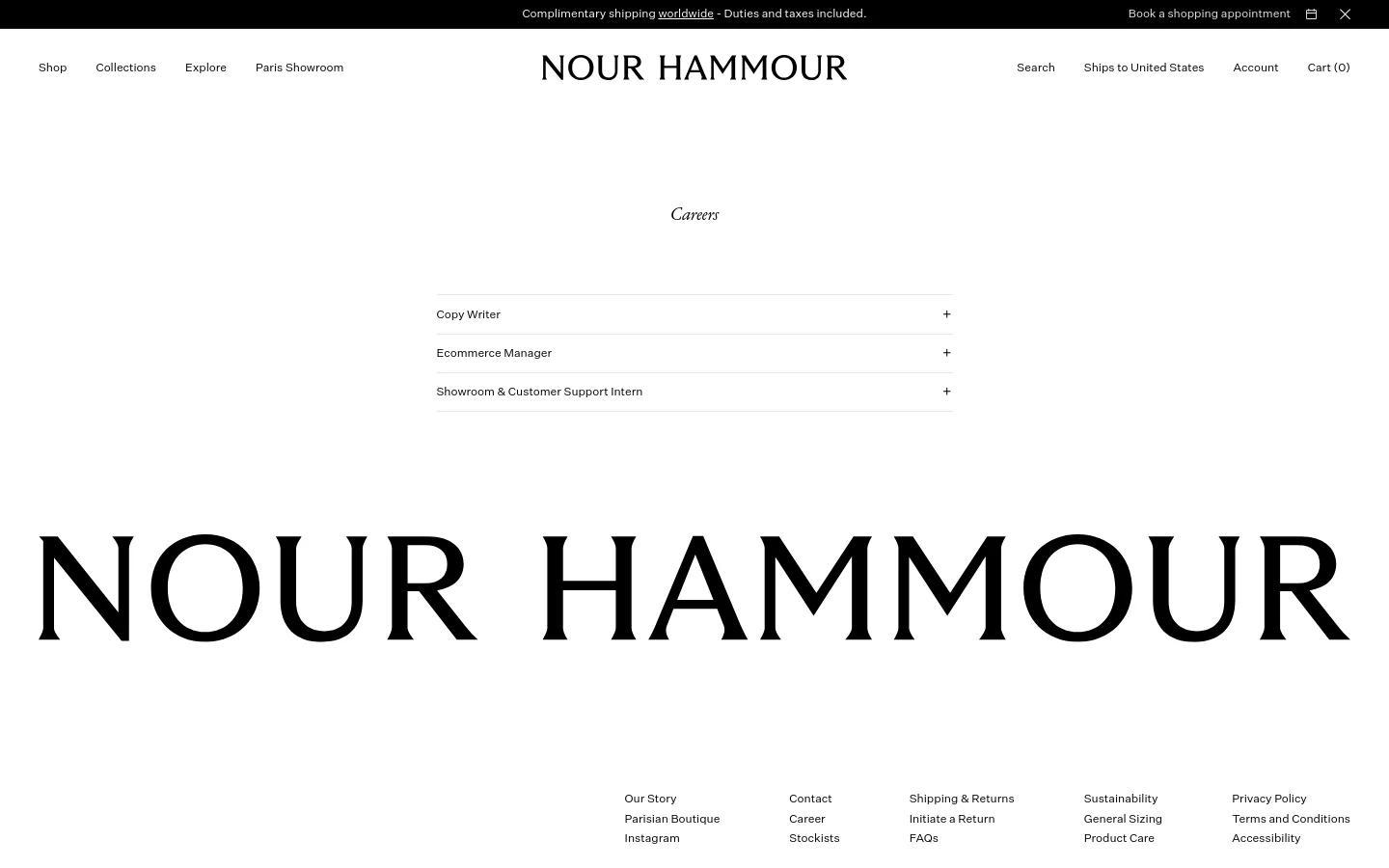 The desktop Careers page features a minimalist white background with the brand name 'NOUR HAMMOUR' in large black serif typography at the top and bottom. A central 'Careers' heading is followed by an accordion-style list of job openings including Copy Writer, Ecommerce Manager, and Showroom & Customer Support Intern. The navigation menu is clean, offering links to Shop, Collections, Explore, and Paris Showroom.