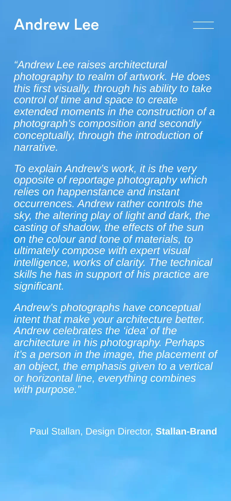 The mobile version simplifies the layout, replacing the top navigation bar with a hamburger menu icon next to the name 'Andrew Lee'. The testimonial text is centered and spans the width of the screen over a continuous blue sky background, maintaining the minimalist aesthetic of the desktop version.
