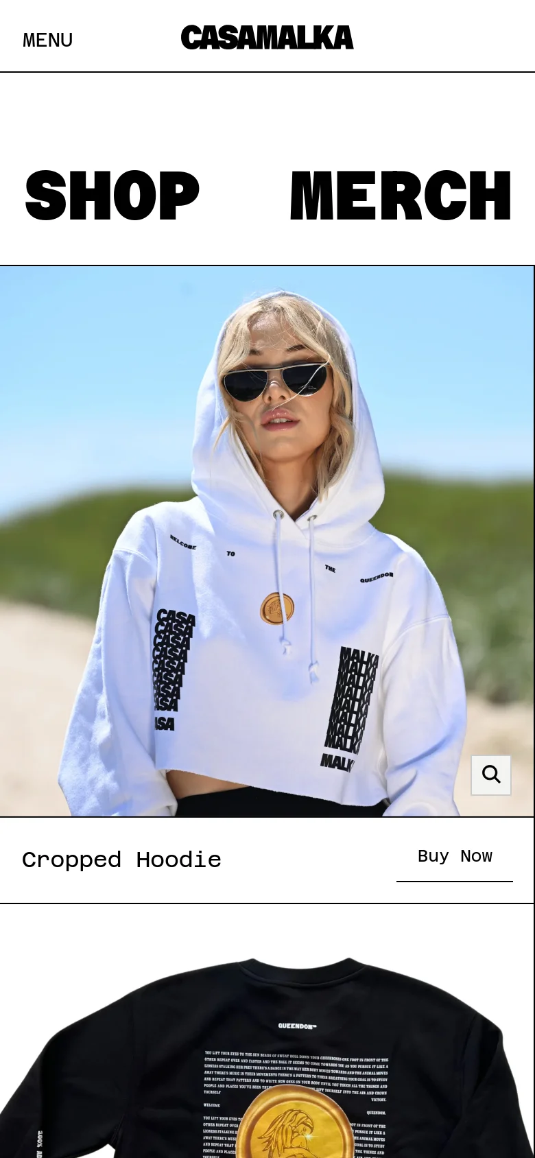 The mobile version presents a simplified layout with a 'MENU' button and the Casa Malka logo at the top. The large 'SHOP MERCH' headline is stacked vertically, followed by a full-width hero image of a woman in a white cropped hoodie. Below the image, the product name 'Cropped Hoodie' and a 'Buy Now' call to action are displayed.