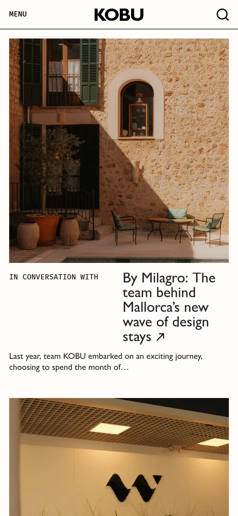 The mobile version presents a simplified header with the KOBU logo centered, a 'MENU' label on the left, and a search icon on the right. The layout shifts to a vertical stack, starting with the large hero image of the stone building, followed by the article category, headline, and text excerpt below it.