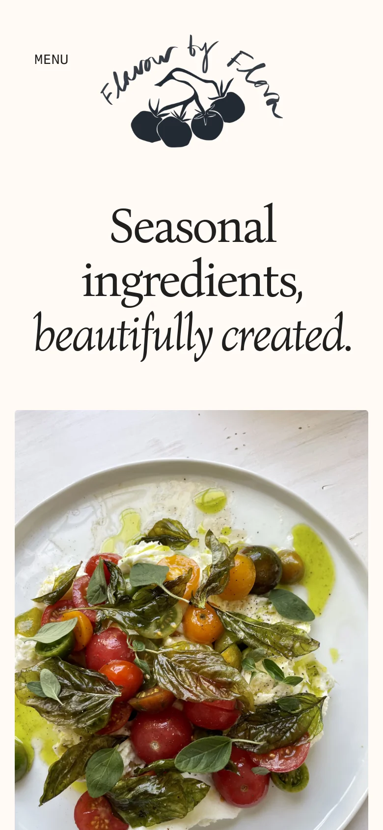 The mobile version presents a vertically stacked layout on a cream background. The berry logo and 'MENU' link are centered at the top, followed by the large serif headline. Below the headline, a single large food photograph of burrata with tomatoes and basil takes up the width of the screen.
