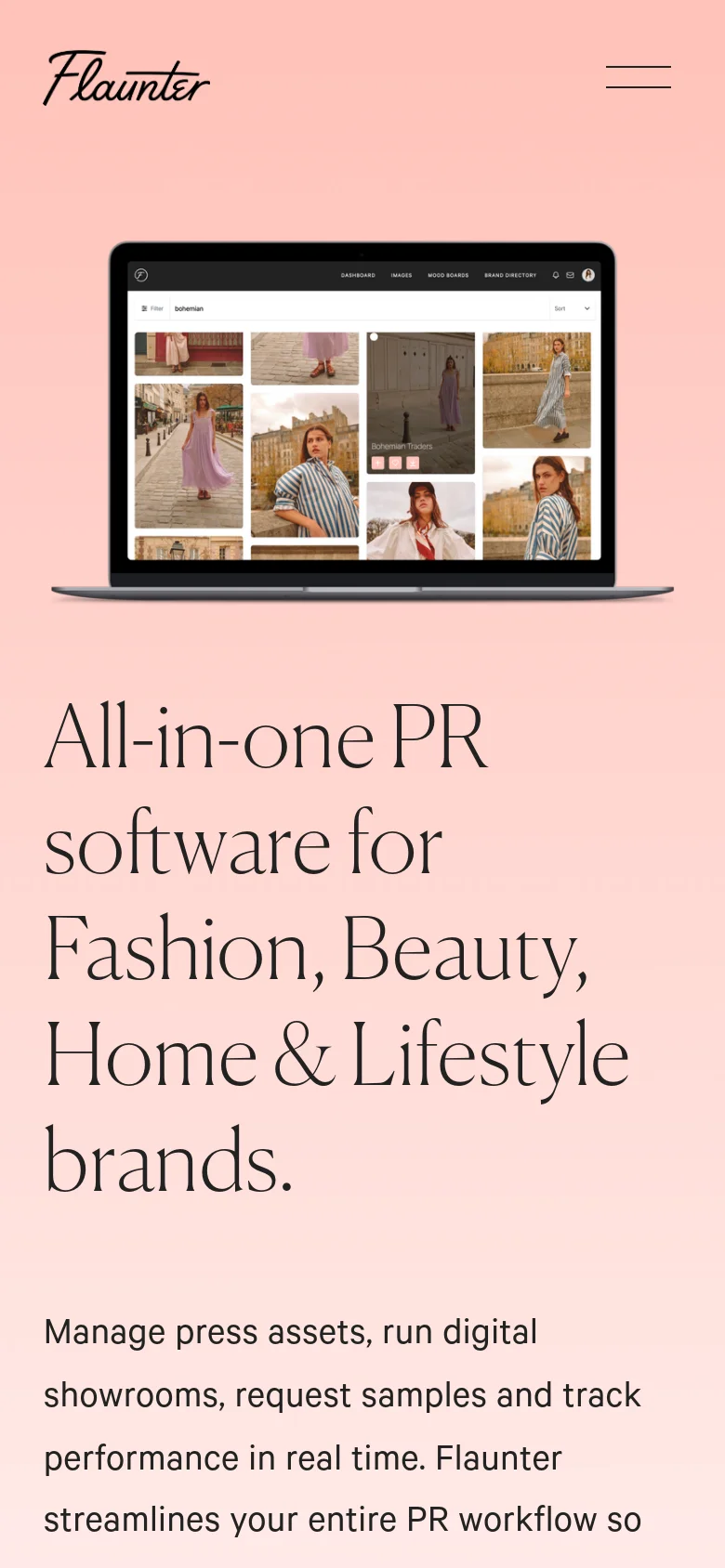 The mobile version uses a single-column layout on a pink background, placing the laptop hero image above the large serif headline. The navigation is condensed into a hamburger menu icon in the top right, and the call-to-action buttons are stacked vertically for easier tapping.