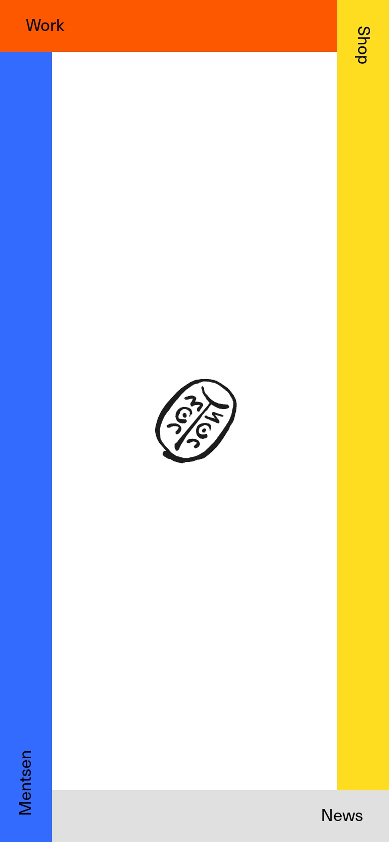 The mobile version maintains the minimalist aesthetic with the hand-drawn logo centered on a white background. The layout is vertically oriented with the same colored border scheme, though the side borders appear narrower to accommodate the portrait aspect ratio. Navigation links remain positioned within the colored border sections.