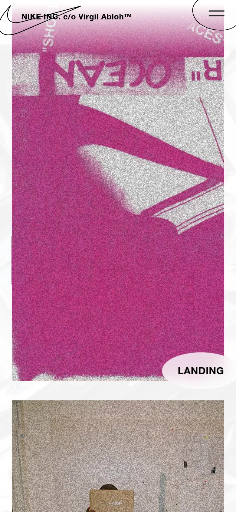The mobile view presents a vertically stacked, single-column layout of the same grainy, high-contrast imagery. The navigation is simplified with a large hamburger menu icon in the top right, and the large pink 'LANDING' image dominates the upper screen.