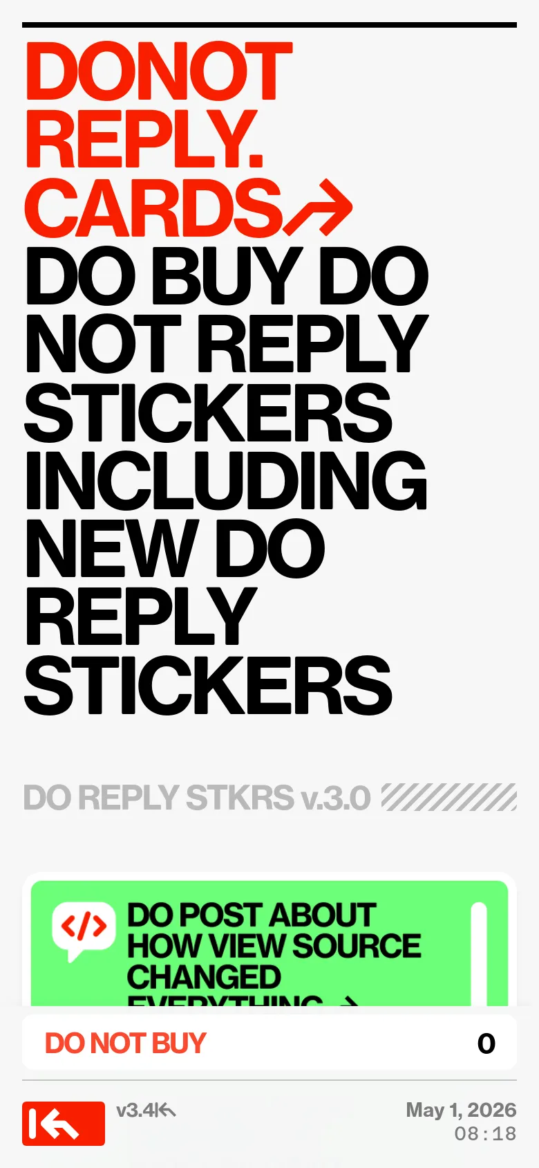 The mobile version presents a vertically stacked layout optimized for small screens, emphasizing the large, bold red and black headlines. The navigation is condensed, and the sticker product images and 'DO NOT BUY' button are scaled to fit the width of the device. The overall high-contrast, typographic aesthetic remains consistent with the desktop version.