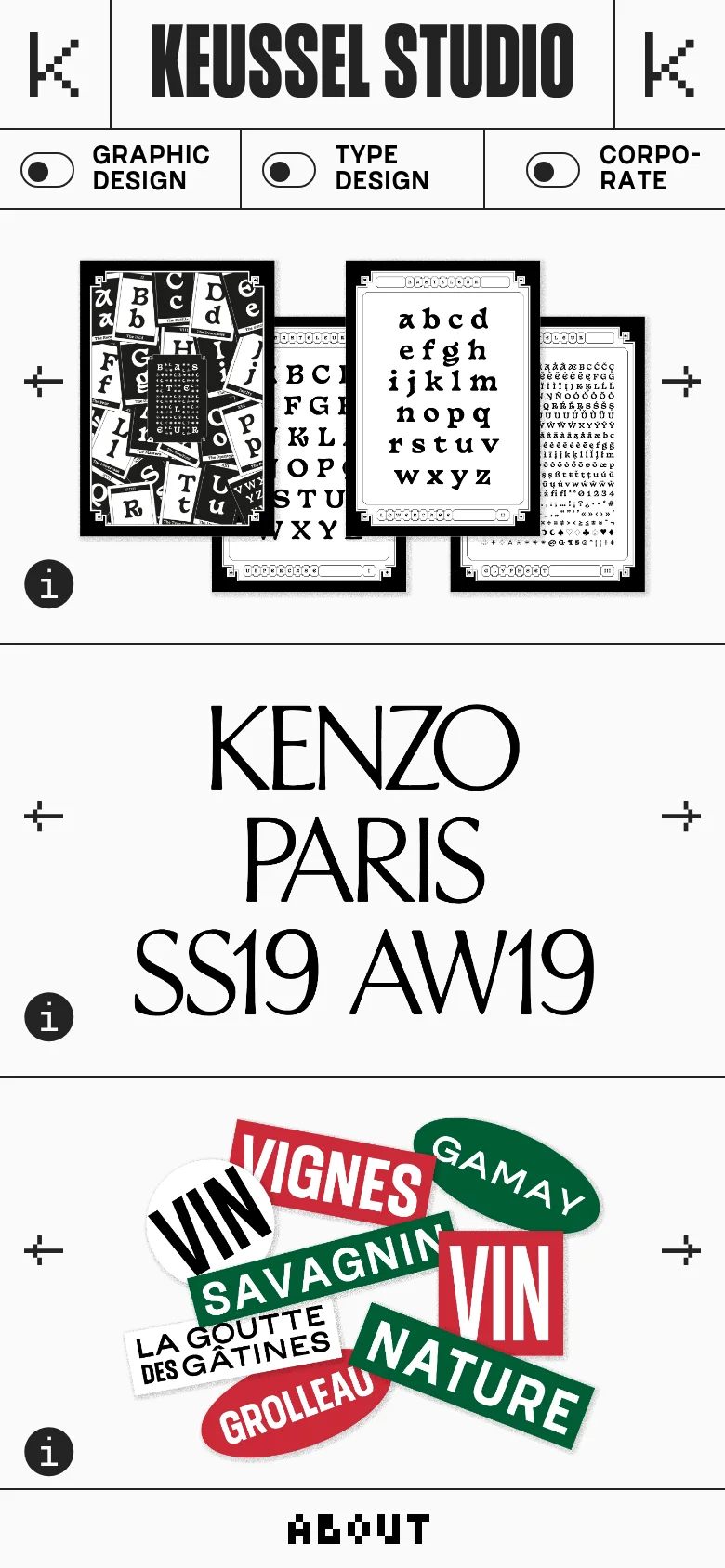 The mobile version maintains the minimalist black and white aesthetic but uses a single-column vertical layout. The navigation links for 'Graphic Design', 'Type Design', and 'Corporate' are stacked as large toggle buttons, and the hero imagery is scaled down to fit the narrow screen width.
