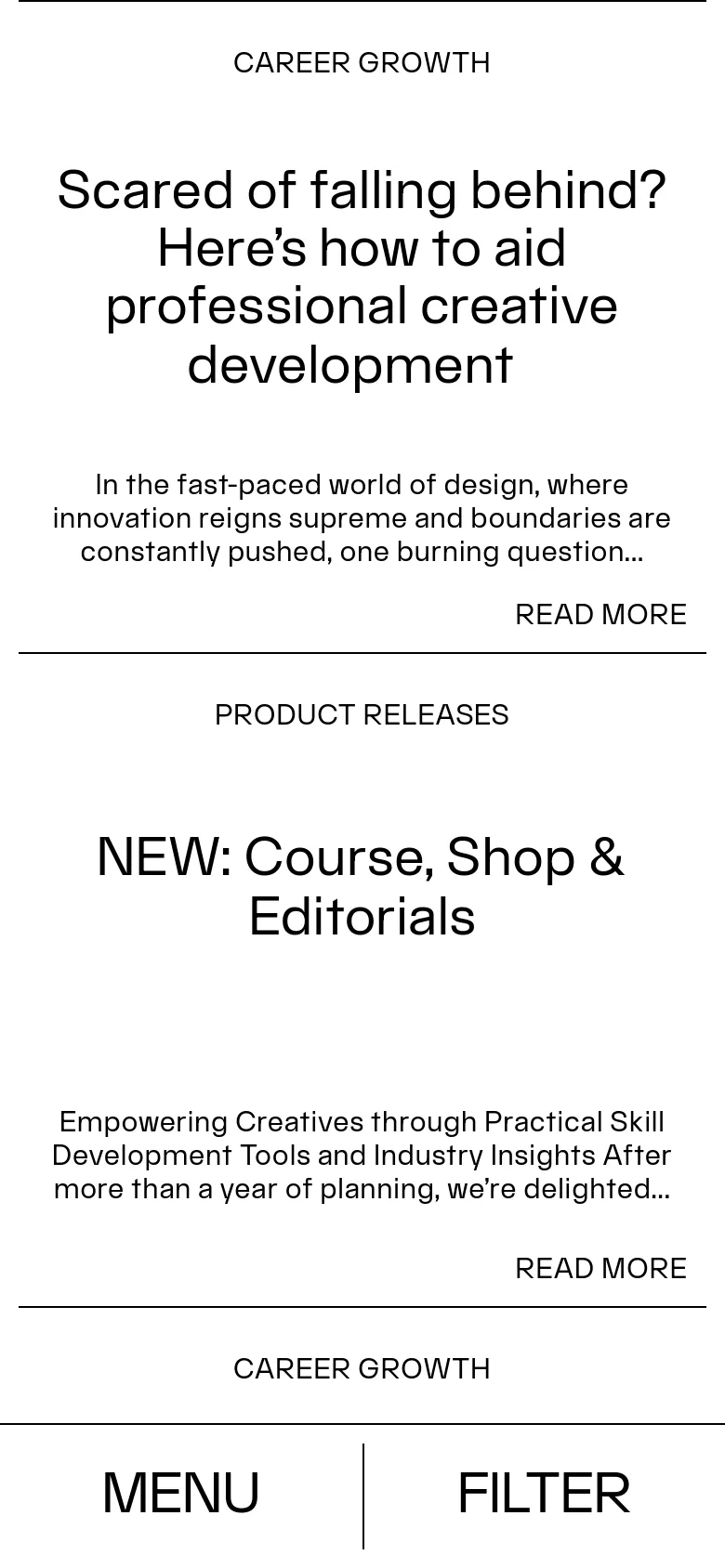 The mobile version simplifies the layout into a single-column vertical scroll, removing the side navigation and grid. Large, centered text headlines dominate each article section, and a fixed bottom navigation bar provides quick access to 'MENU' and 'FILTER' buttons.