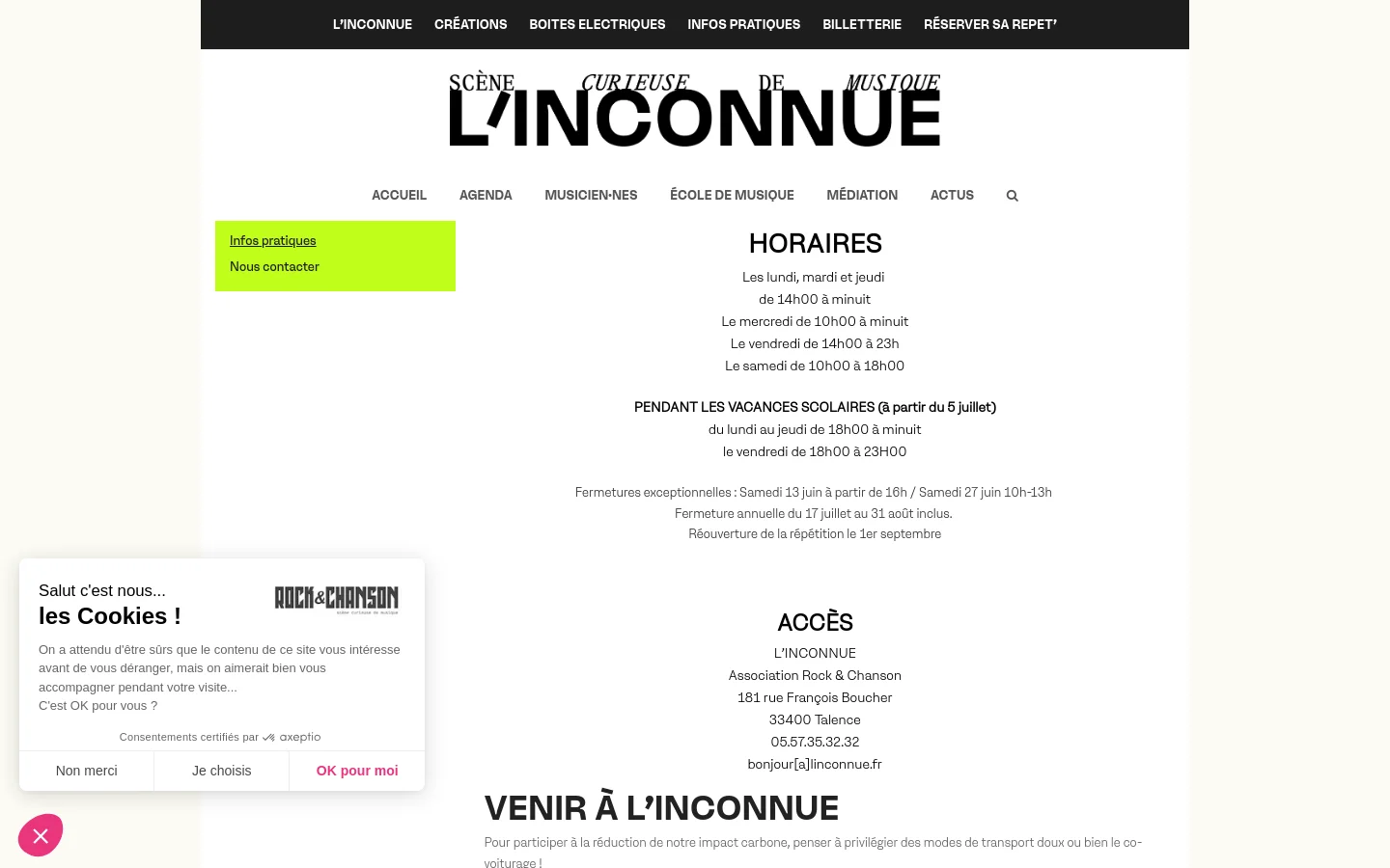 The desktop page for 'Infos Pratiques' features a clean white background with a large black logo at the top. The layout includes a black navigation bar, a lime green sidebar with links, and centered black text detailing opening hours, access information, and transportation options. A cookie consent pop-up is visible in the bottom left corner.
