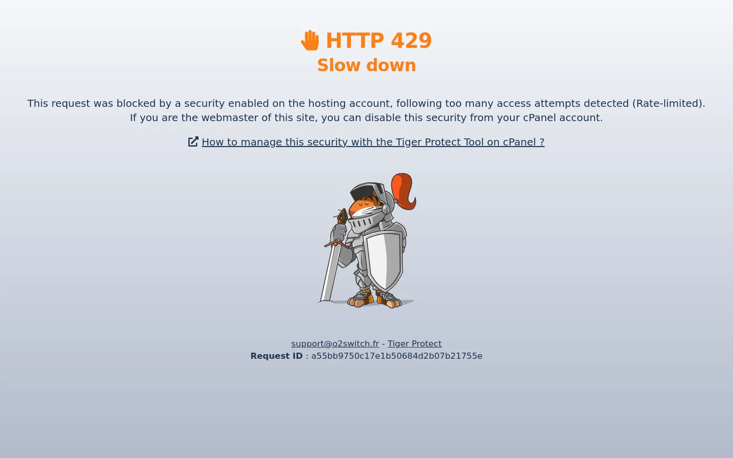 A desktop error page for HTTP 429 'Slow down' featuring an orange hand icon and a cartoon tiger knight in silver armor holding a sword and shield. The layout is centered on a light gray background with text explaining a rate-limiting security block and a link to a tutorial, followed by support contact information and a unique Request ID.