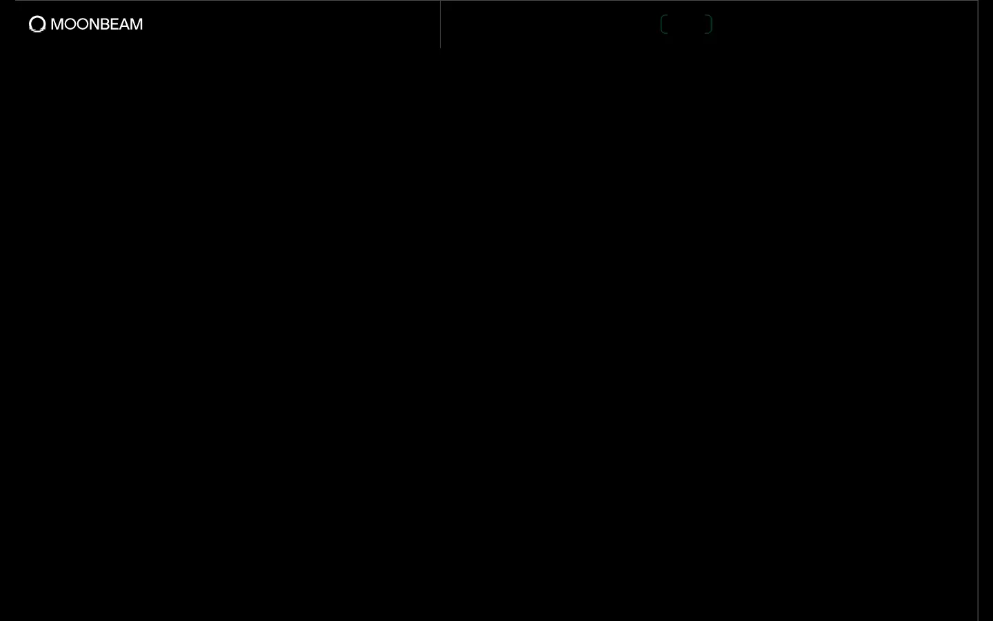 The desktop About page features a dark theme with a large, cinematic hero image of glowing, translucent blue spheres. The headline 'ADVANCING WEB3 BY SUPPORTING' is displayed in large, grey sans-serif typography over the imagery. A minimalist navigation bar at the top includes the Moonbeam logo on the left and subtle interface elements on the right.